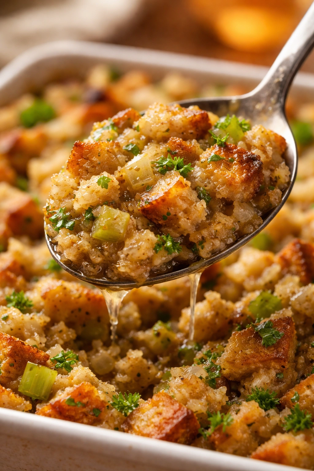 Moist bread dressing on a spoon indicating proper moisture