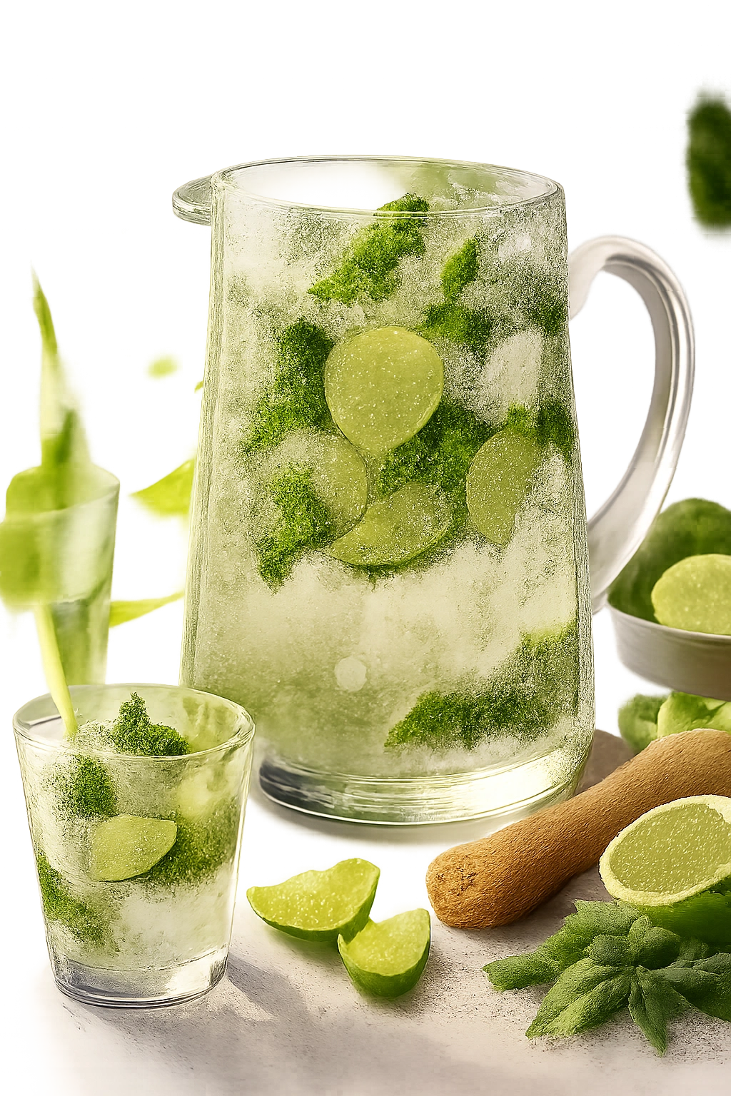 Large pitcher of Mojitos for a Crowd with mint and lime visible.
