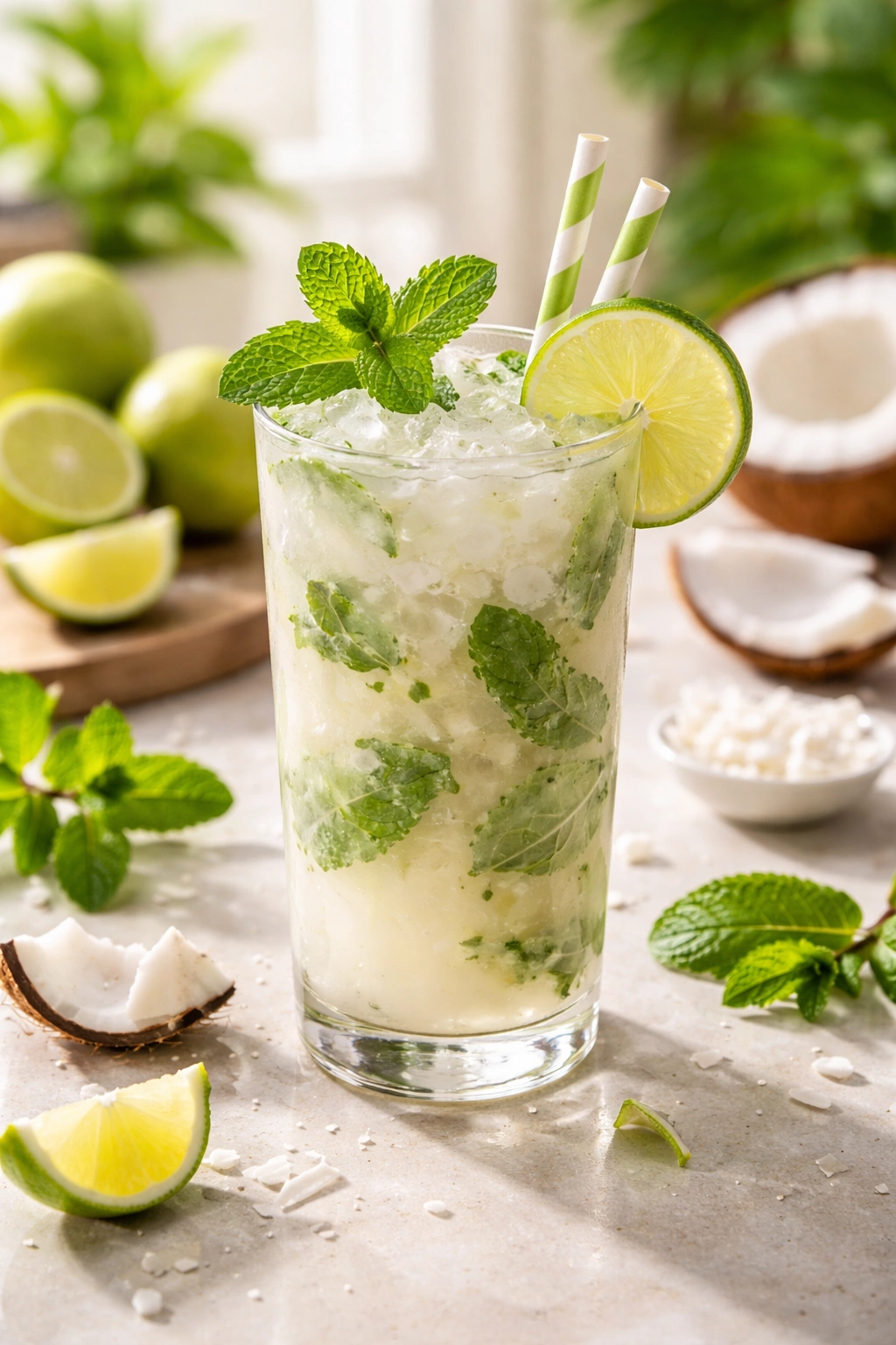 Coconut lime mojito with fresh mint and lime wheel in a glass, bright tropical setting
