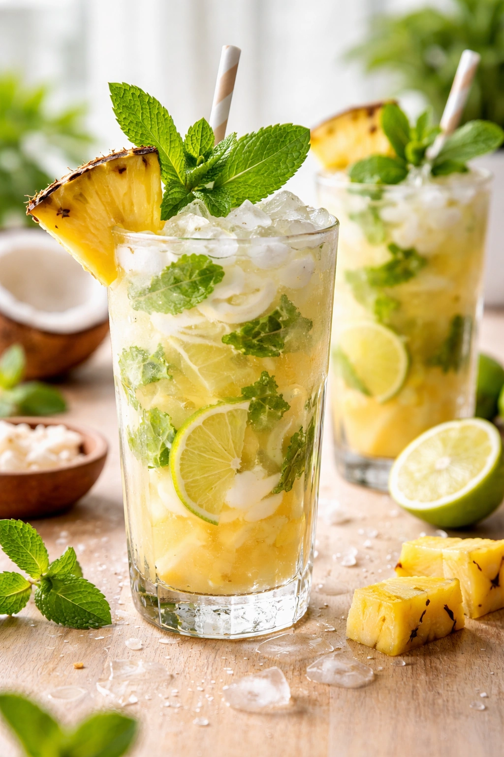 Close-up of coconut pineapple mojito in a glass with mint and pineapple garnish
