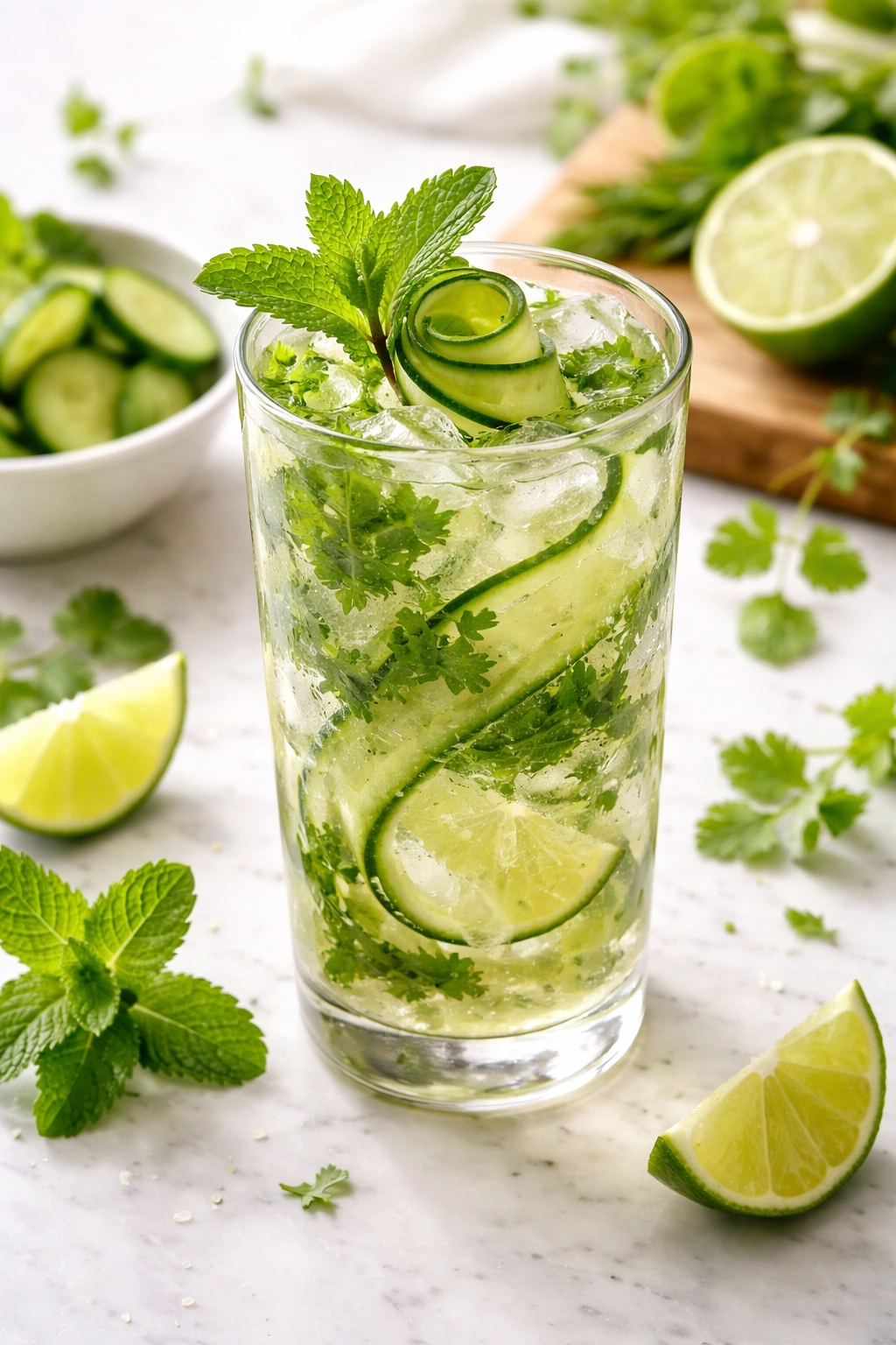 Close-up of Cucumber and Herb Mojito with cucumber slices and mint.