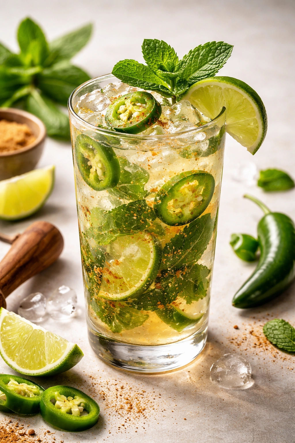 Close-up of a Spiced Mojito With Jalapeño Heat glass with mint and jalapeño slices.