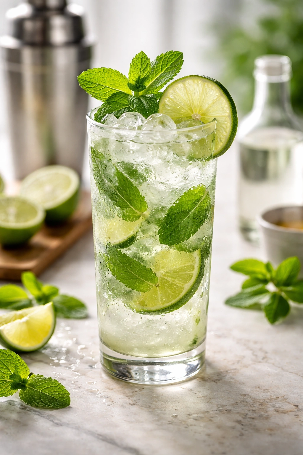Close-up of a mojito glass with mint and lime on a clean bar surface