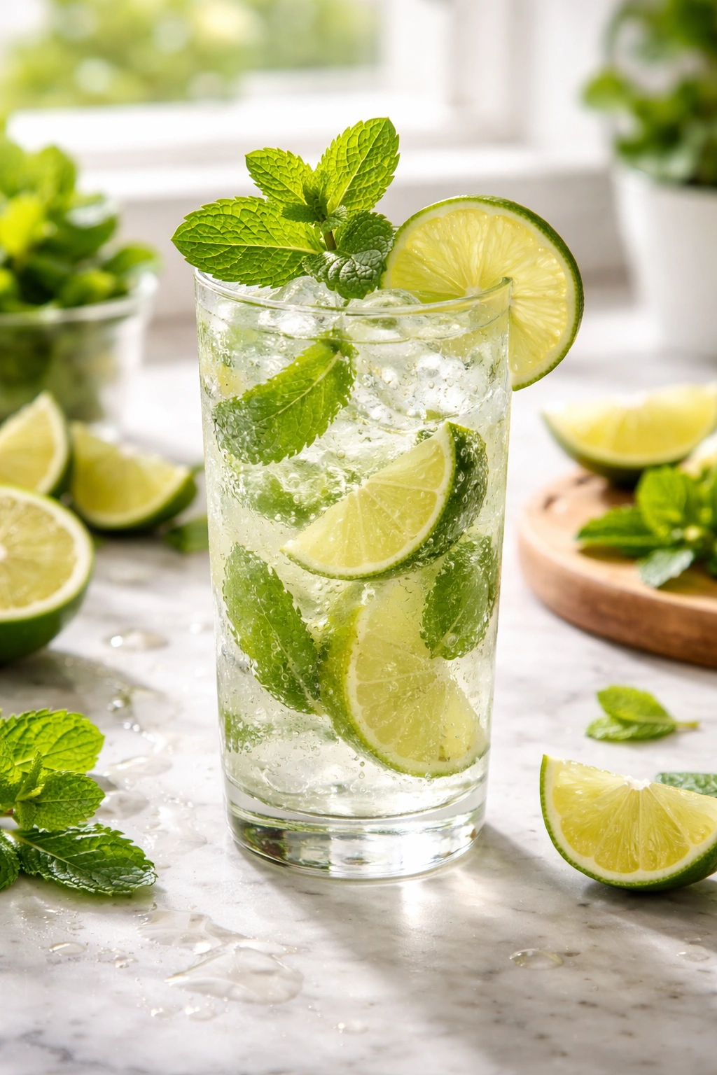 Mojito glass with mint leaves and lime wedges on a bright counter