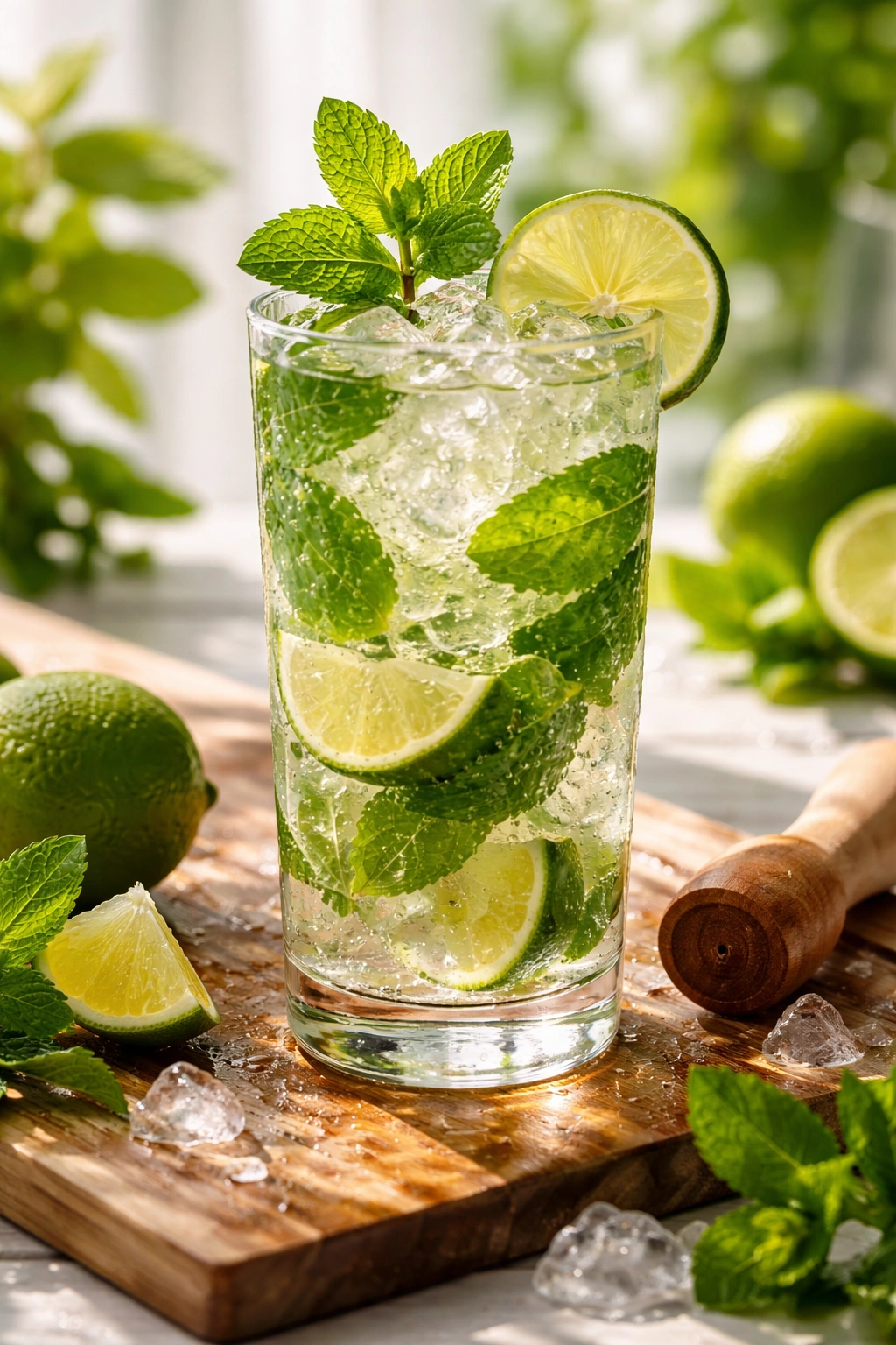 Mojito with mint leaves and lime on a bright bar
