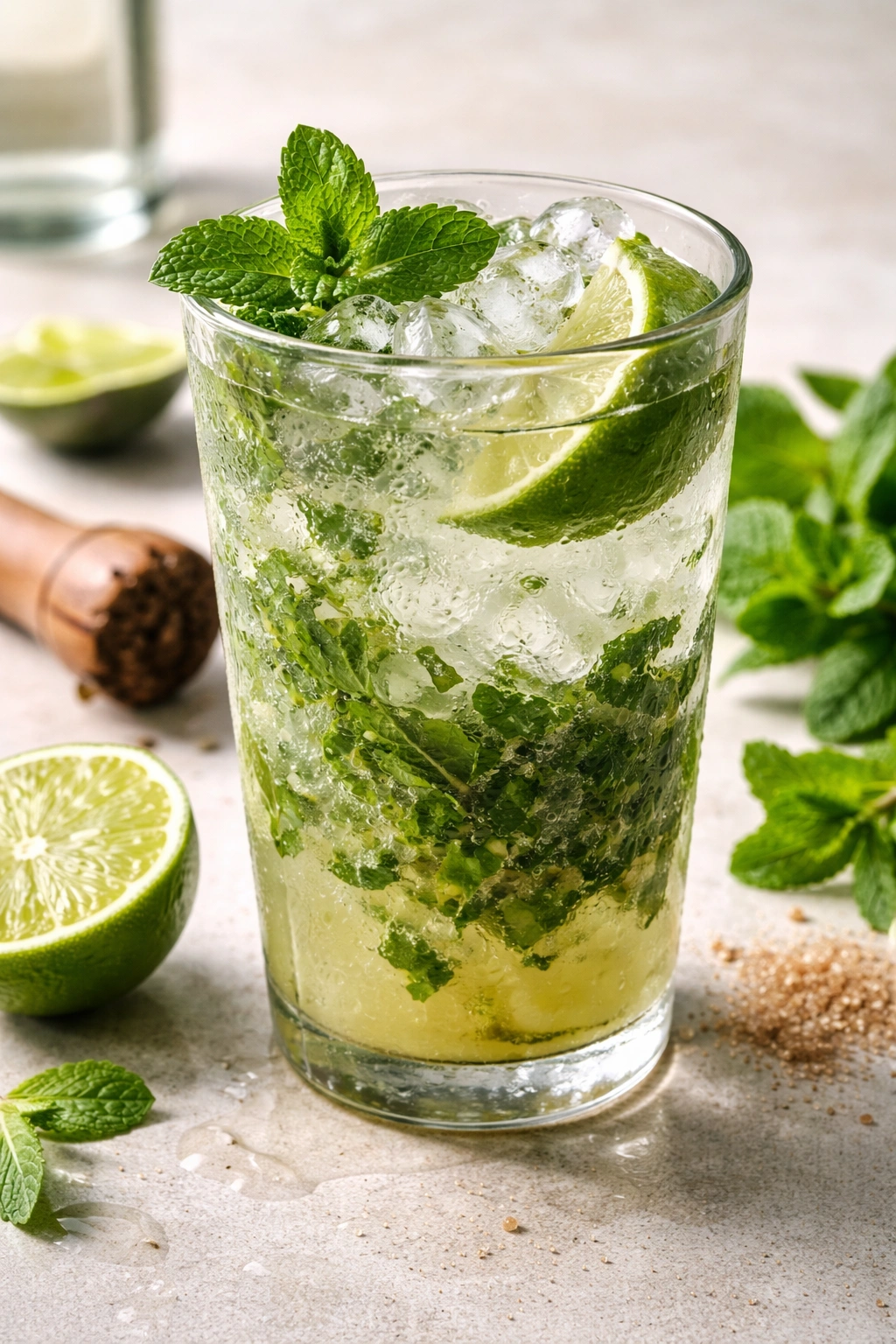Mojito glass highlighting over-muddled mint as a visual cue for common mistakes.