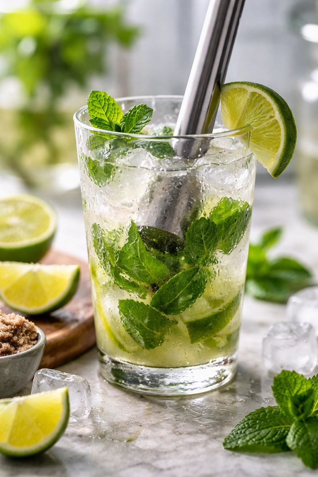 Close-up of mojito being muddled gently with mint leaves intact