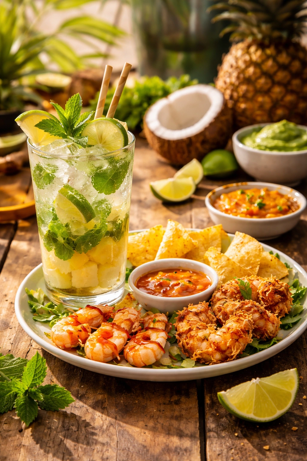 Coconut pineapple mojito with light appetizers on a wooden table