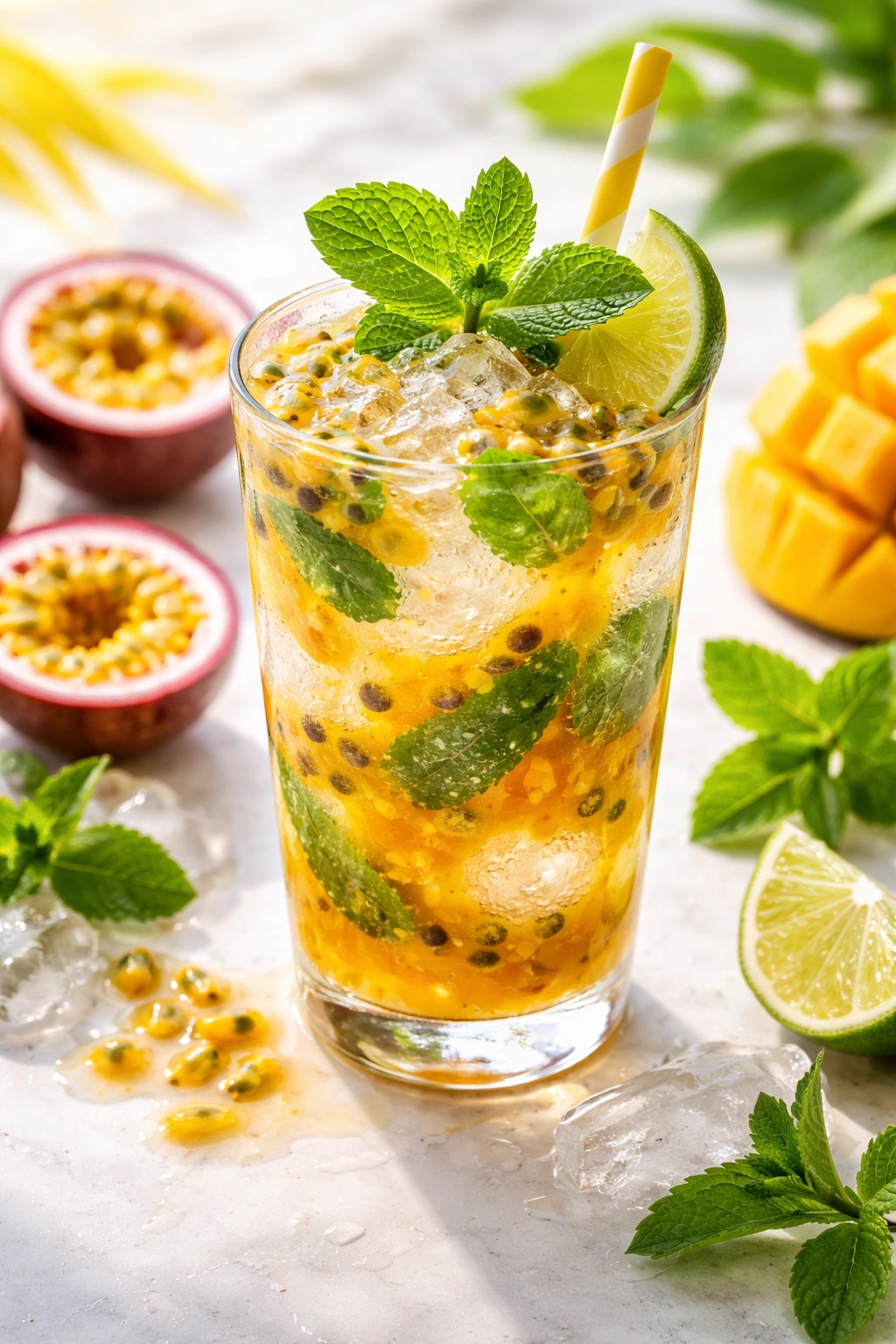 Glass of Passion Fruit and Mango Mojito with seeds and mango puree visible.