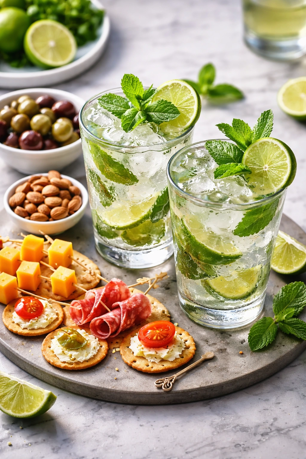 Two mojito glasses with mint and lime, paired with small bite accompaniments on a serving board