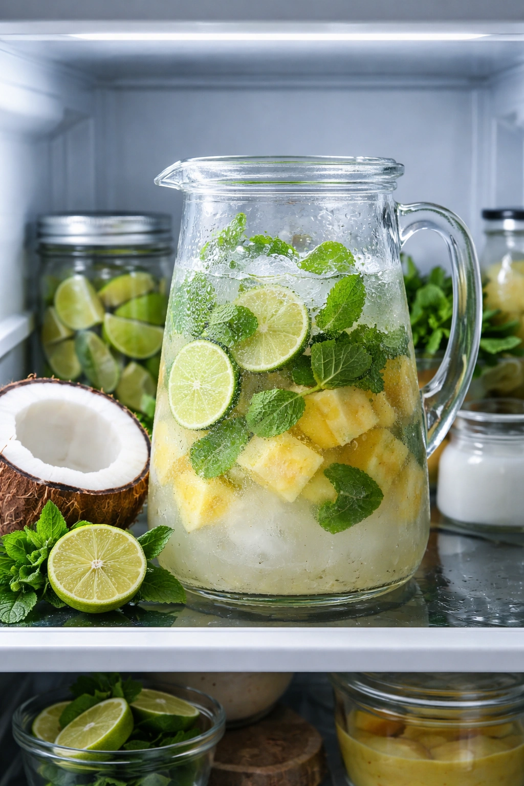 Pitcher of mojito base chilling in fridge with mint visible