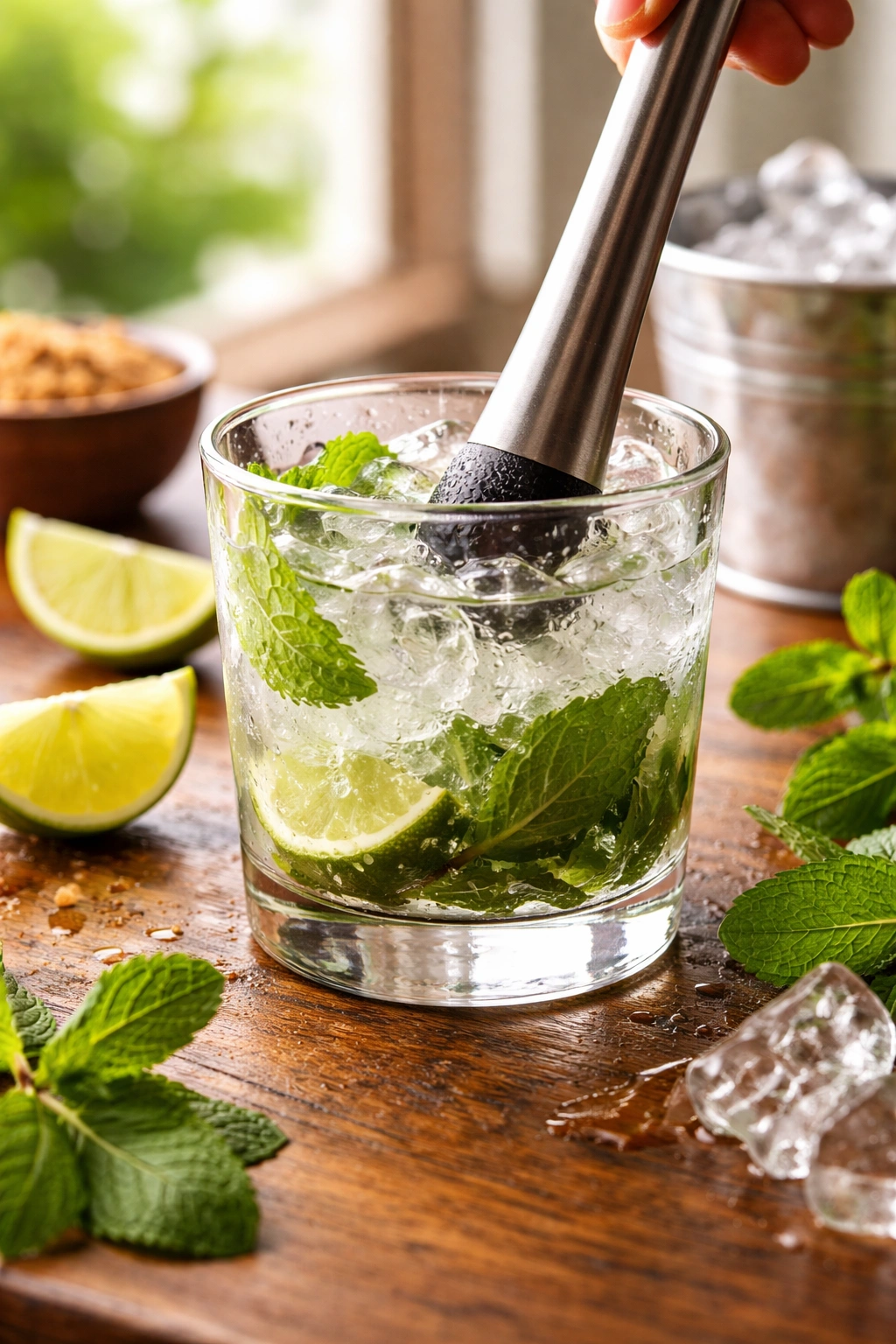 Close-up of a mojito being muddled with mint leaves in a rocks glass