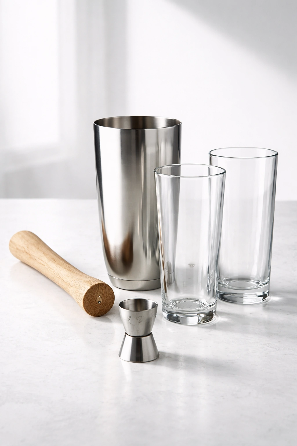 Mojito tools and glassware including muddler, shaker, highball and jigger