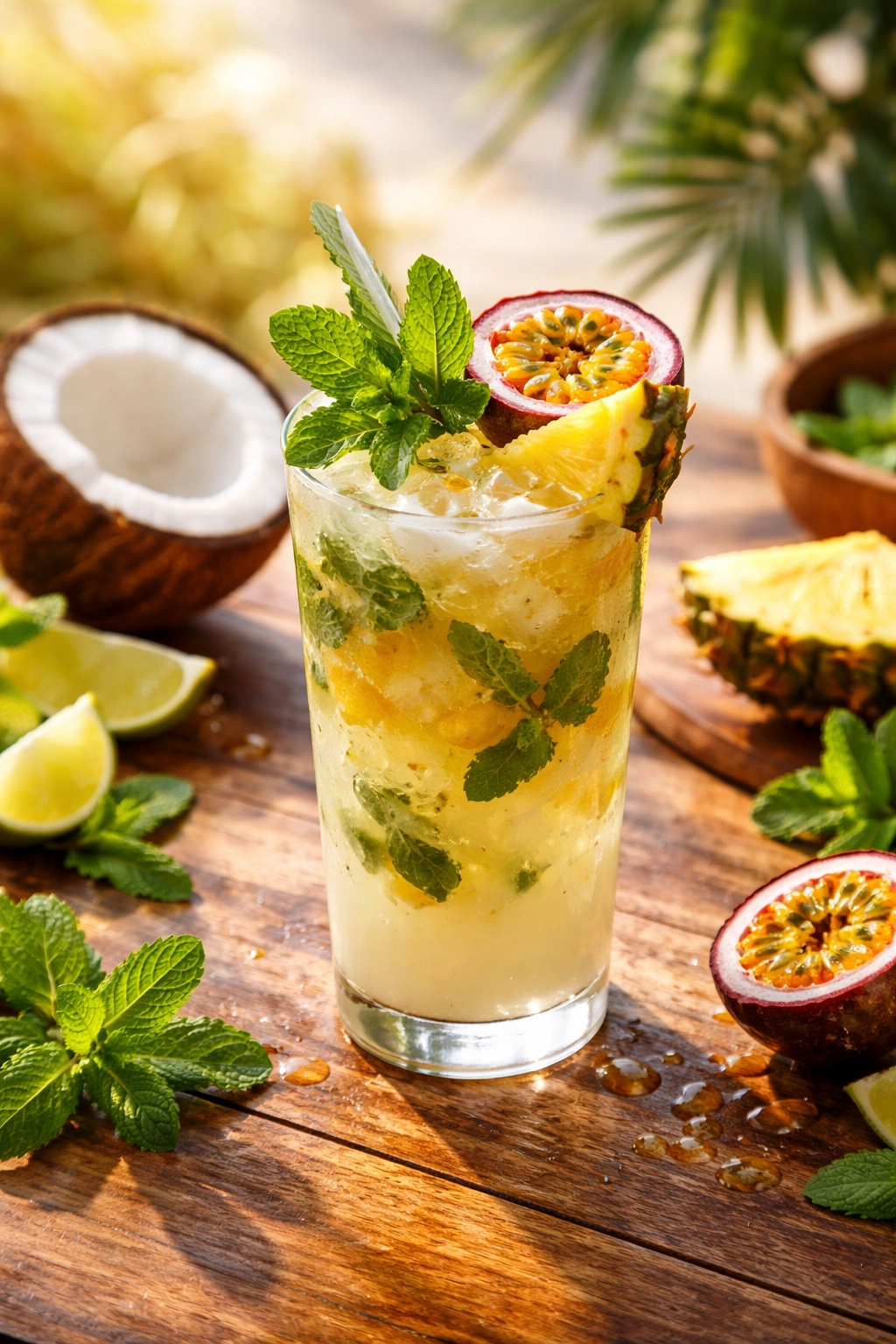 Mojito with passionfruit twist, mint, and pineapple on a sunny bar