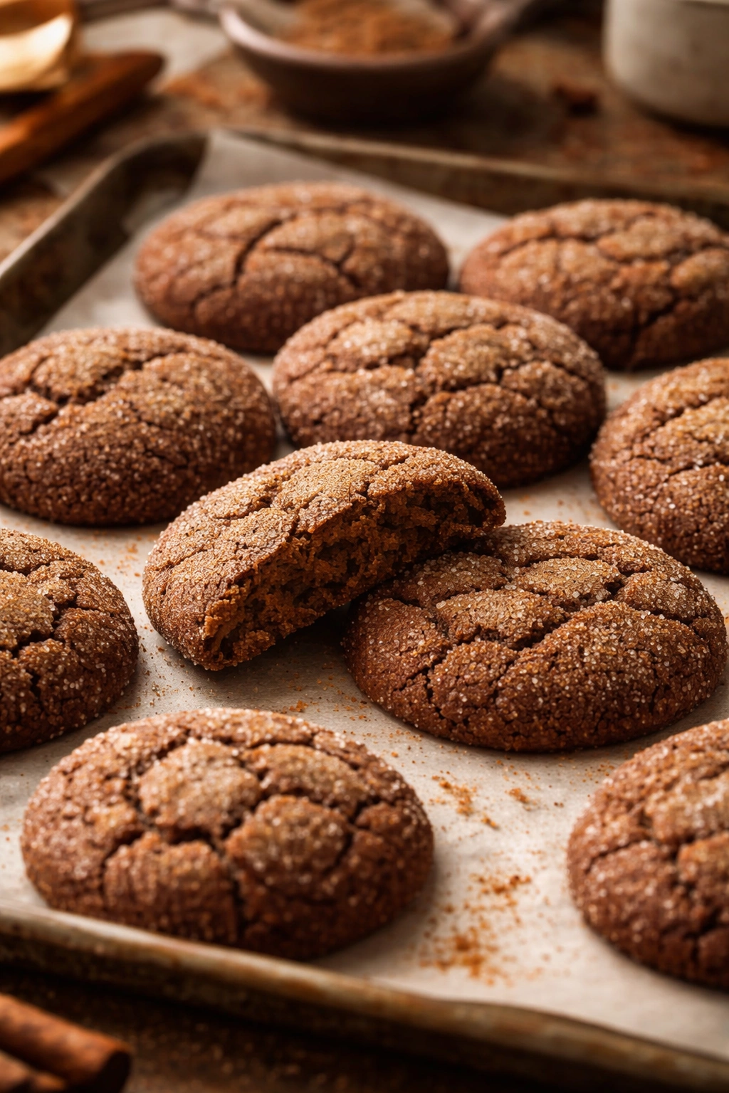 Close-up of molasses spice cookies with crackled tops on parchment