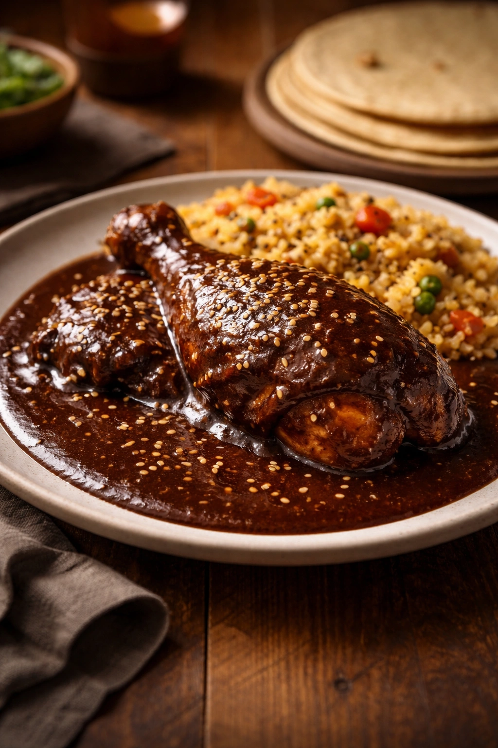 Plate of mole negro with chicken in dark glossy sauce with sesame seeds