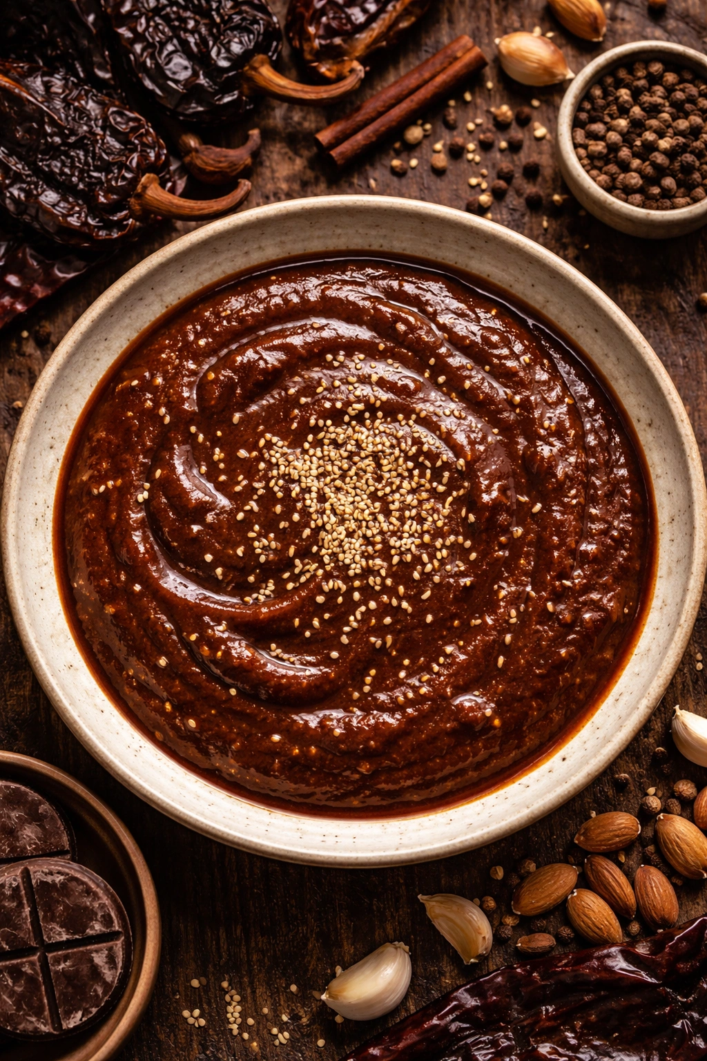 Glossy mole poblano sauce in a shallow bowl with sesame seeds