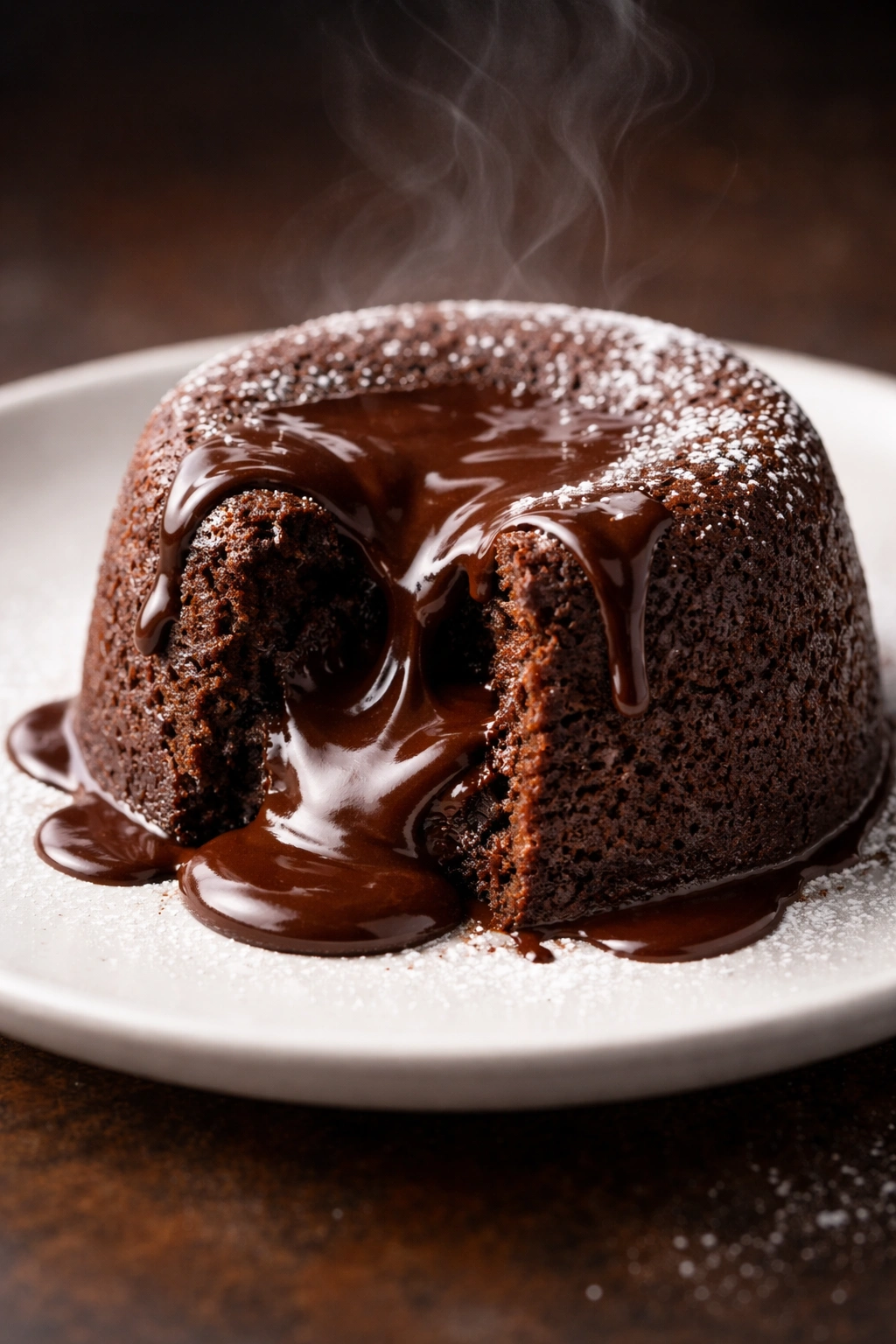 Molten chocolate cake with runny center on a plate.