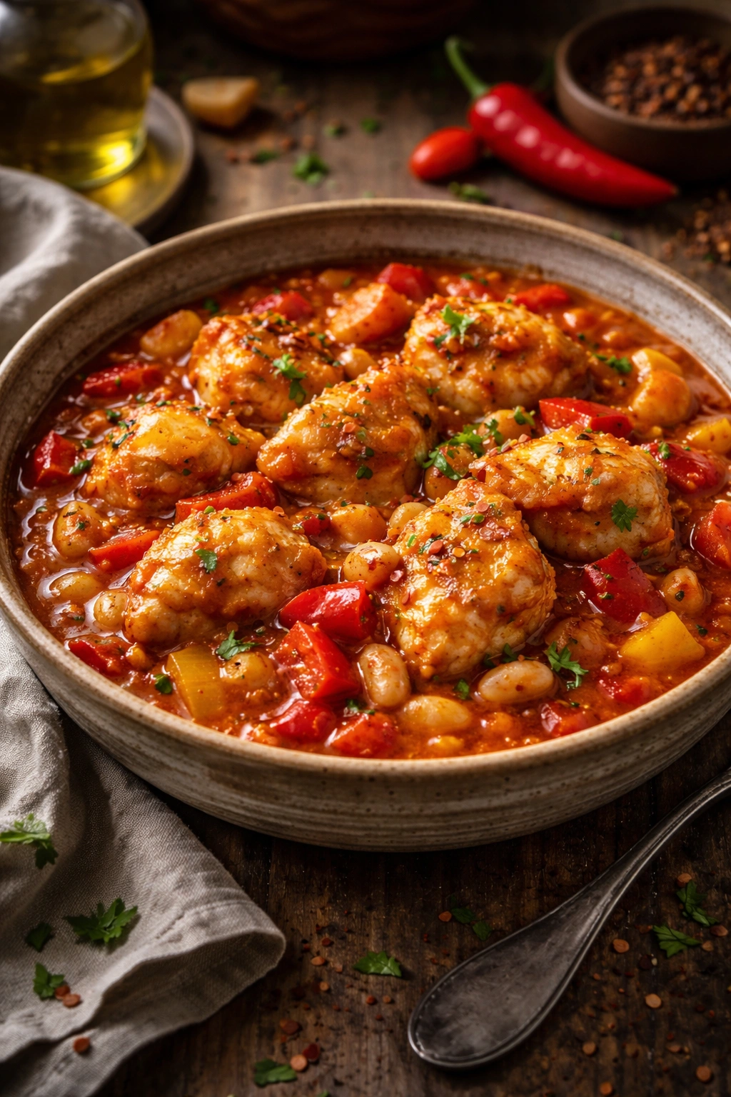 Monkfish stew with tomato beans and peppers