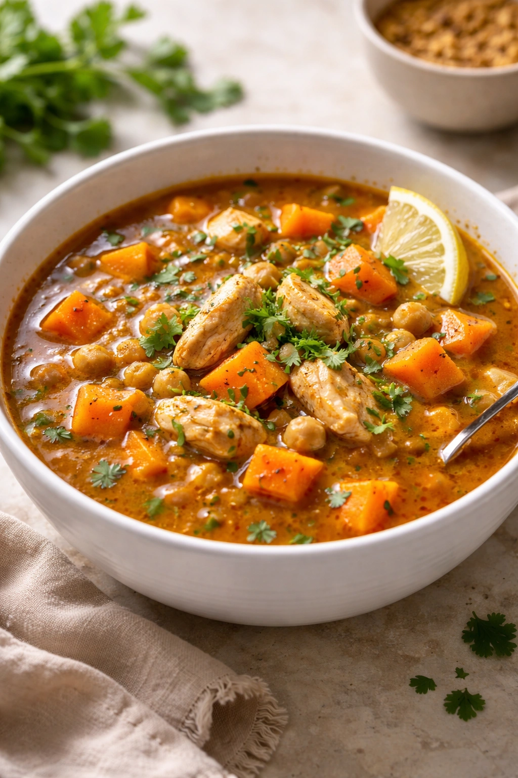 Close-up of Moroccan-inspired chicken and sweet potato soup with sweet potato cubes