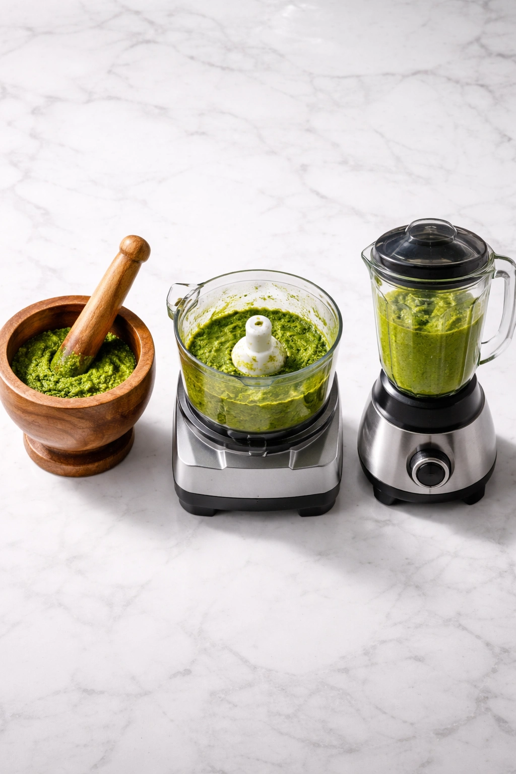 Mortar and pestle, food processor, and blender on counter