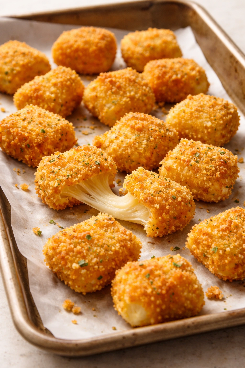 Golden mozzarella bites on parchment