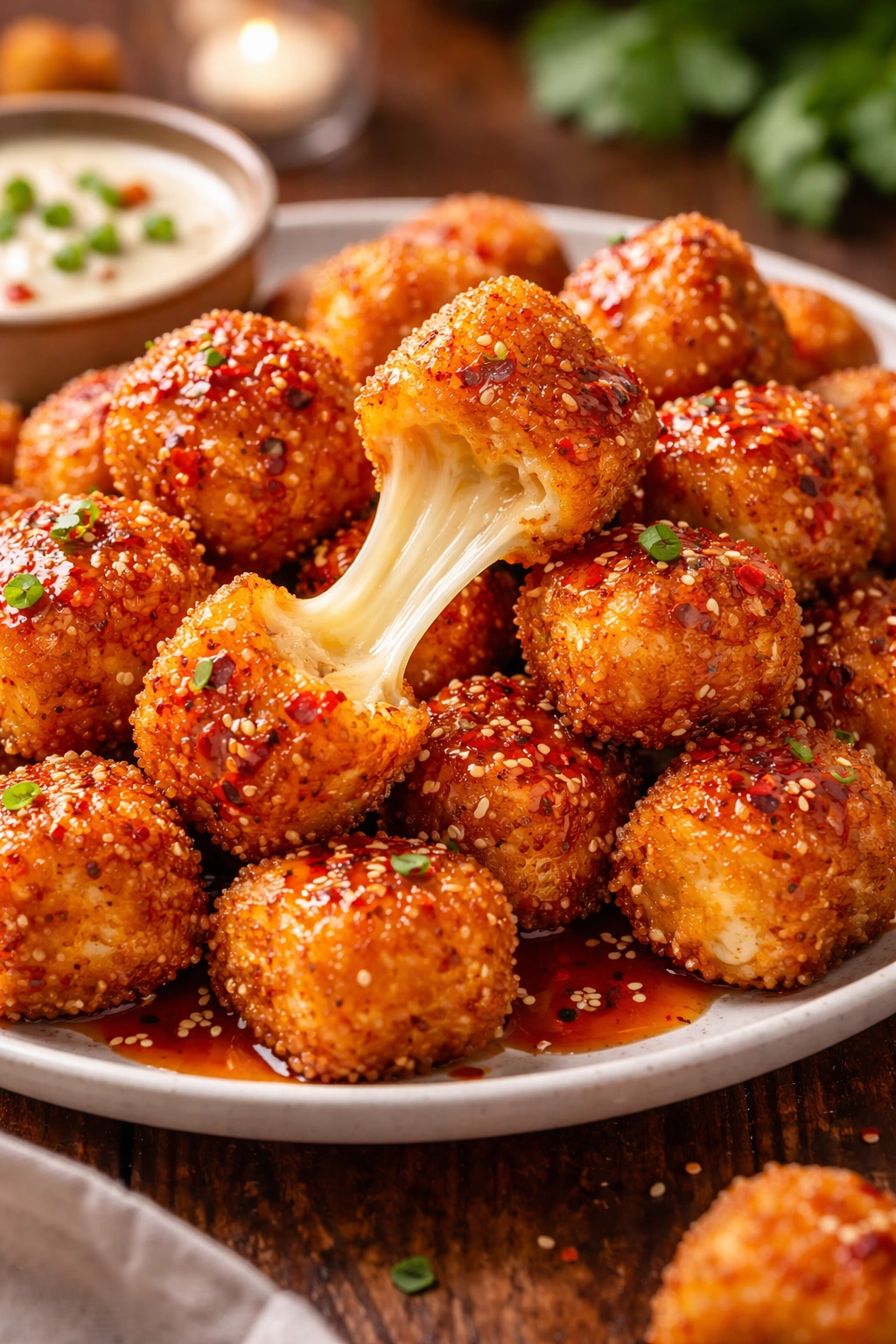 Mozzarella bites with honey sriracha glaze on a plate