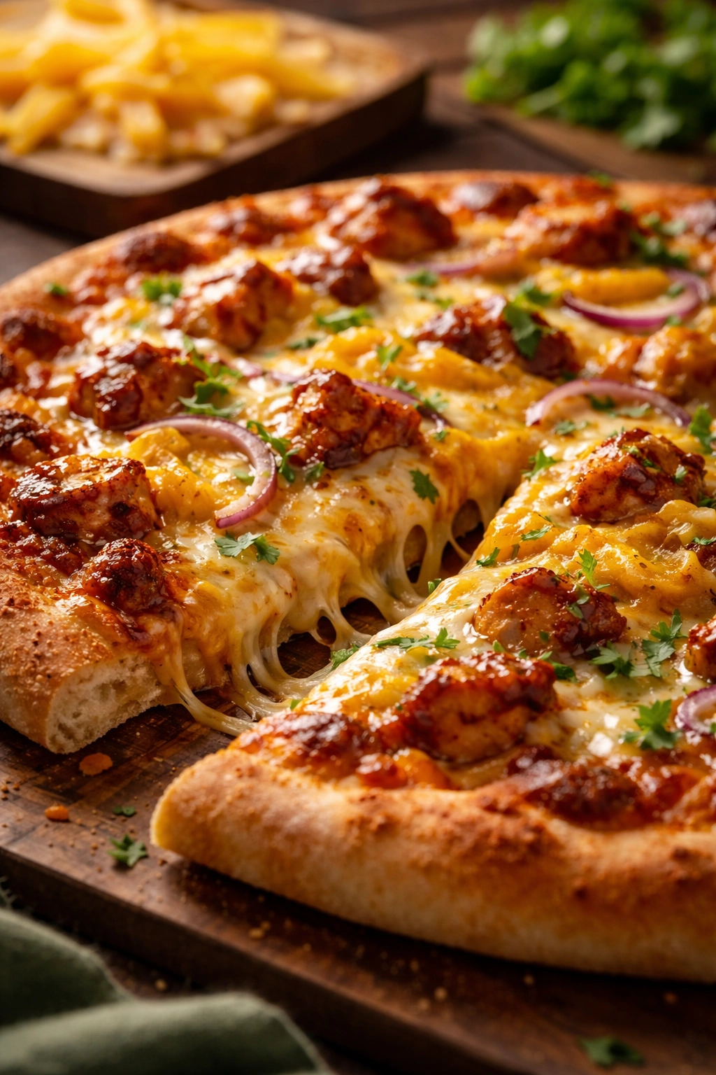 Pizza with mozzarella and smoked gouda cheese, molten and browning