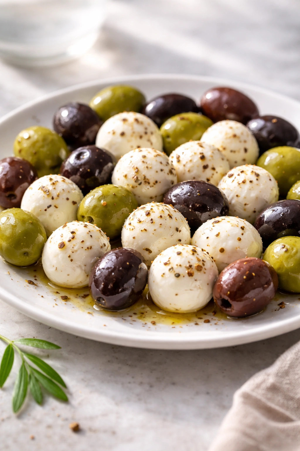 Mozzarella balls with olives on plate
