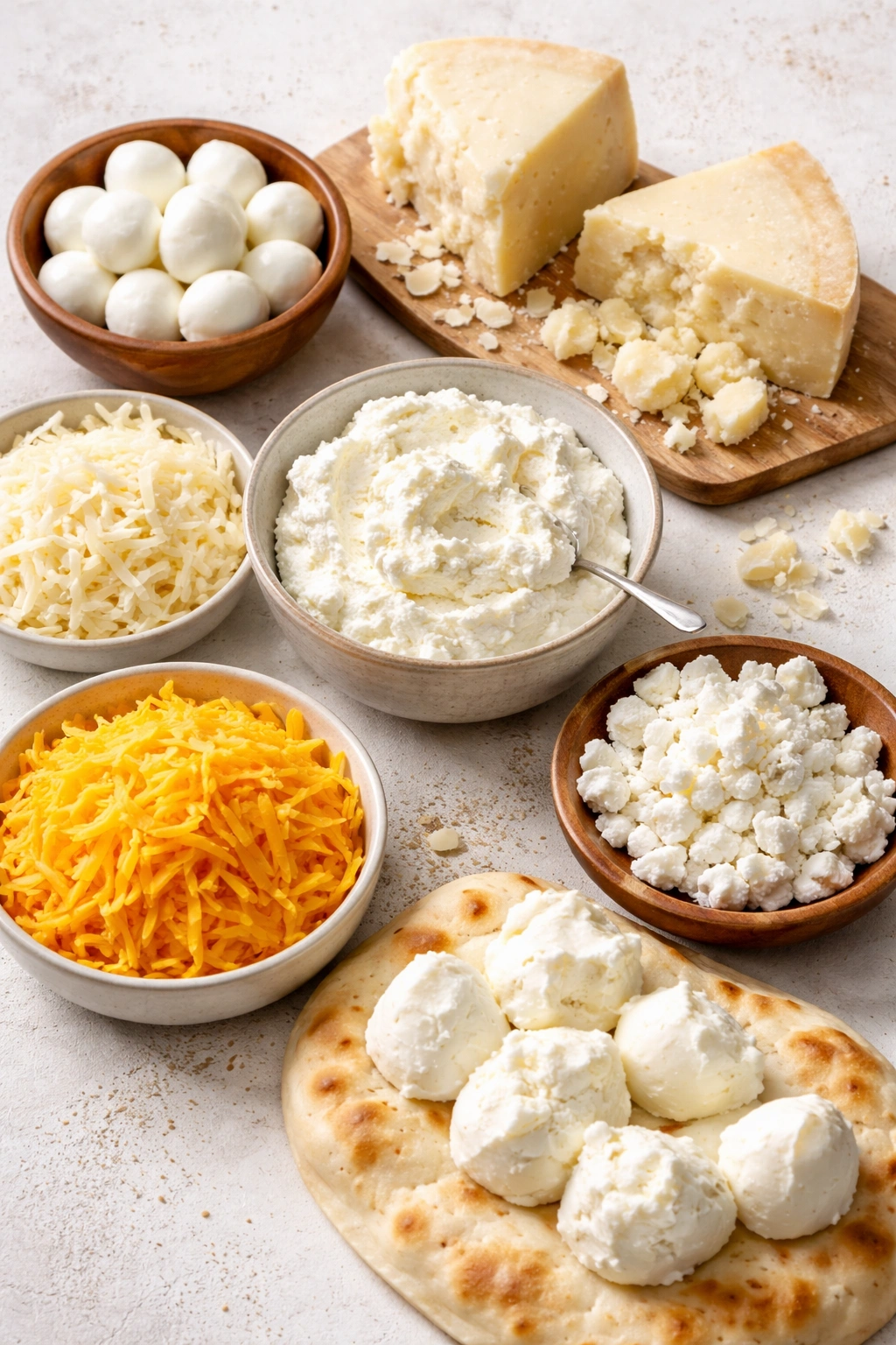 Assorted cheese varieties arranged on a neutral surface