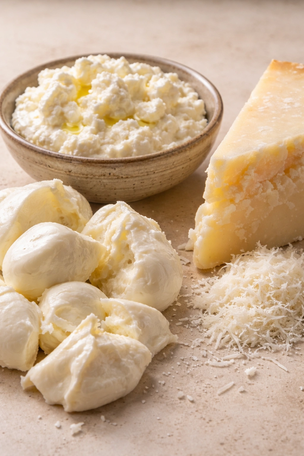 Three cheeses (mozzarella, ricotta, Pecorino Romano) shown together