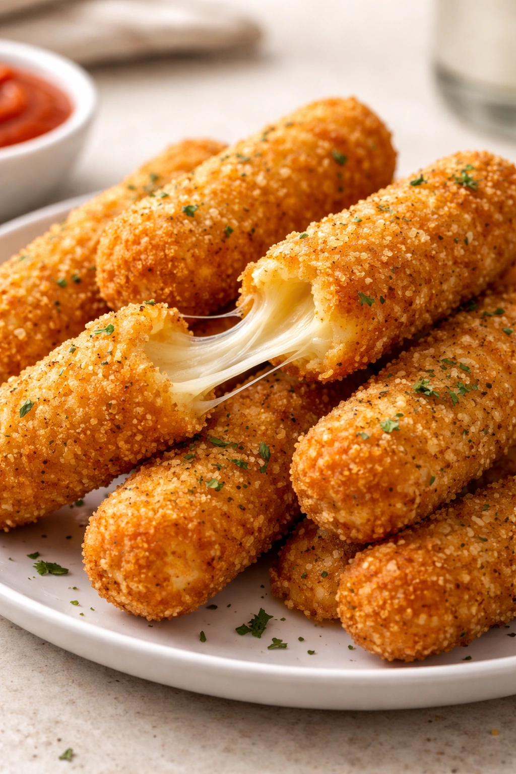 Close-up of crispy mozzarella sticks with melted cheese on a plate