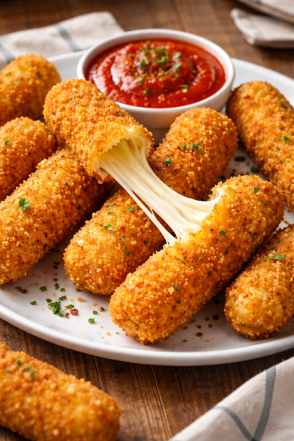 Mozzarella sticks on a white plate with melted cheese visible