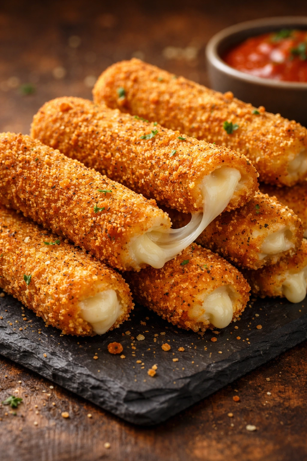 Golden mozzarella sticks on a slate board with melted cheese at the ends