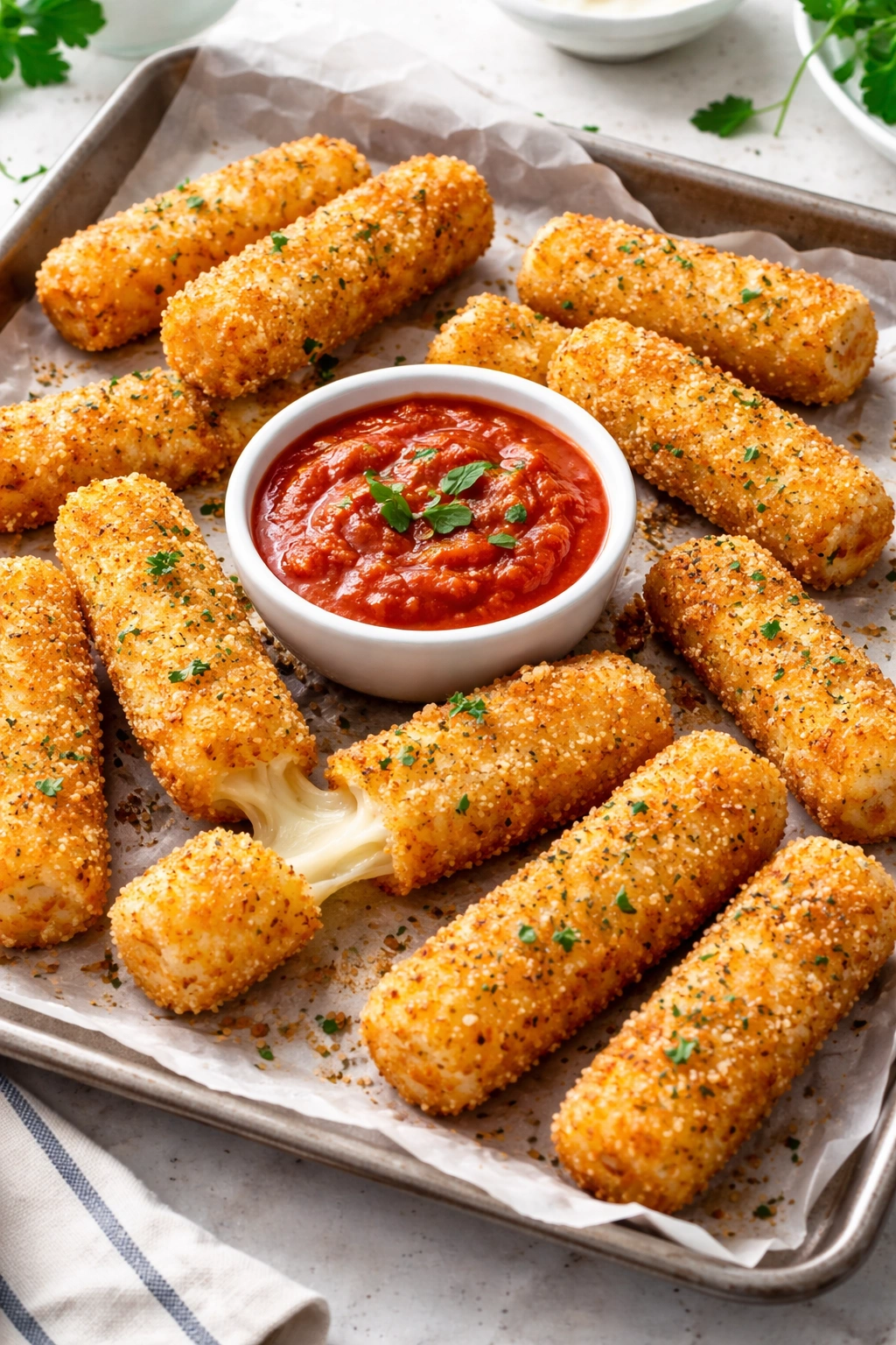 Crispy baked mozzarella sticks with marinara sauce for dipping