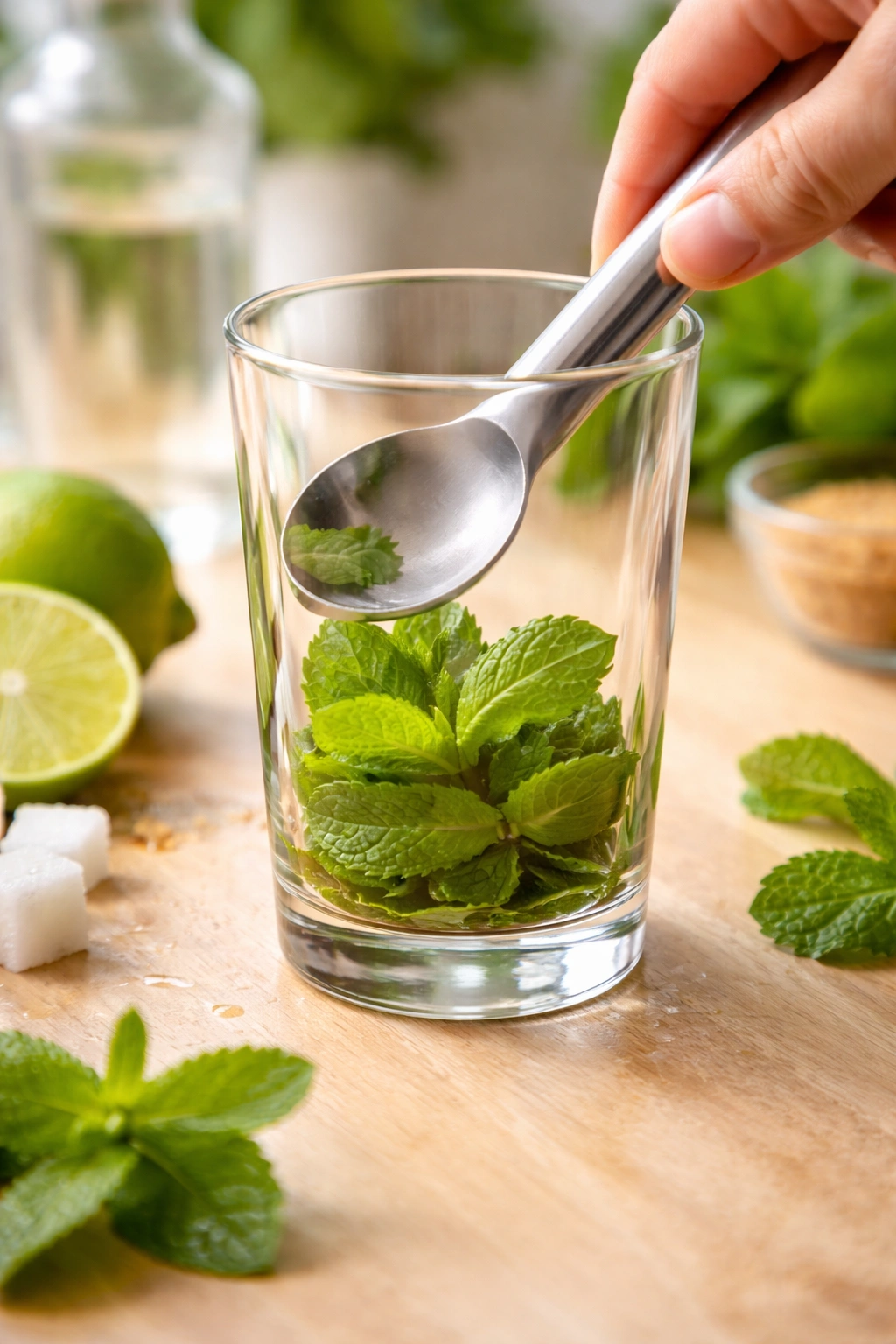 Close-up of mint leaves bruised gently with a spoon in a mojito glass