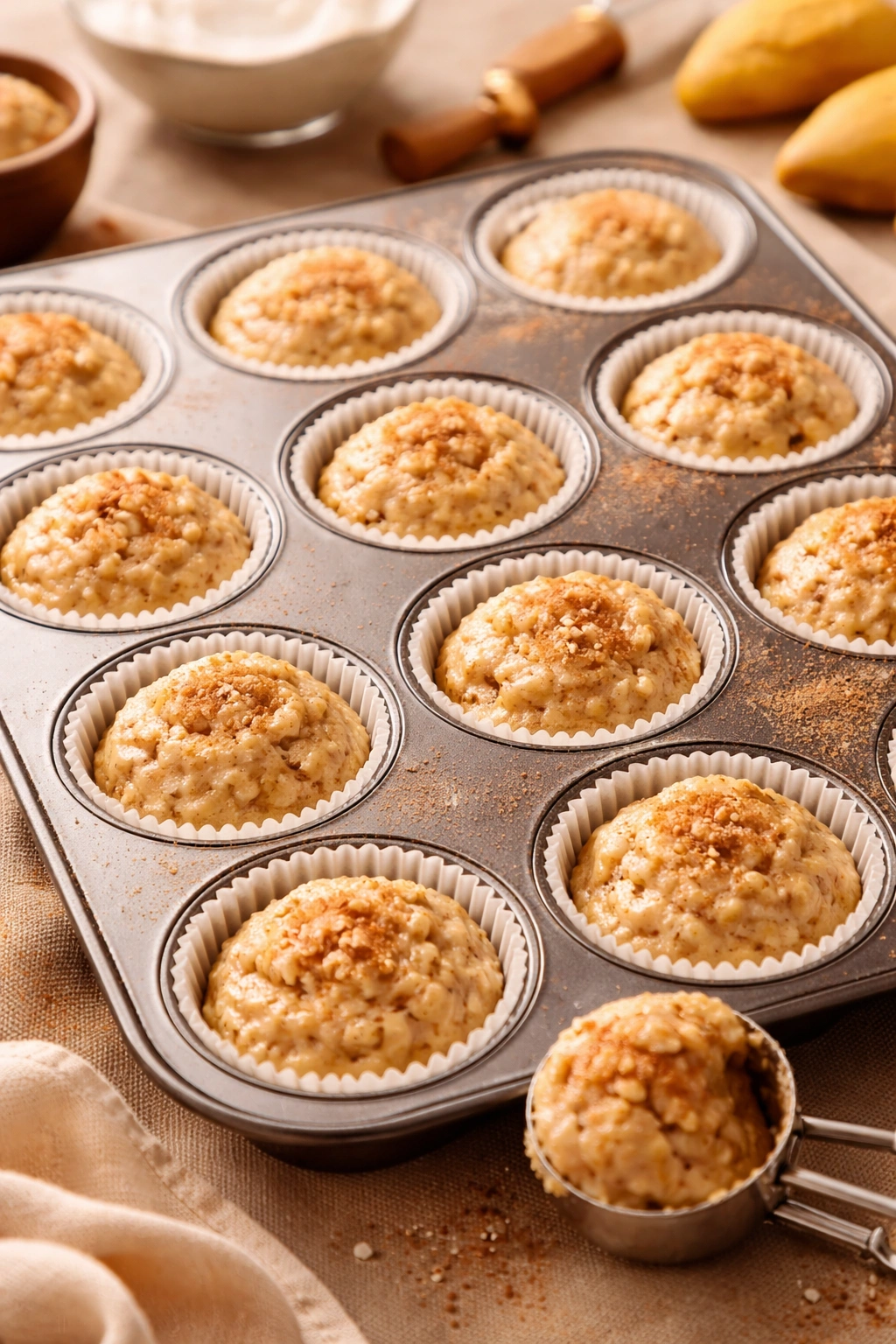 Evenly scooped batter in muffin tin with paper liners