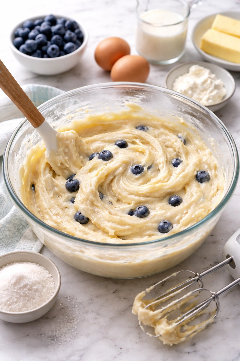 Fluffy muffin batter in a bowl with whisk nearby