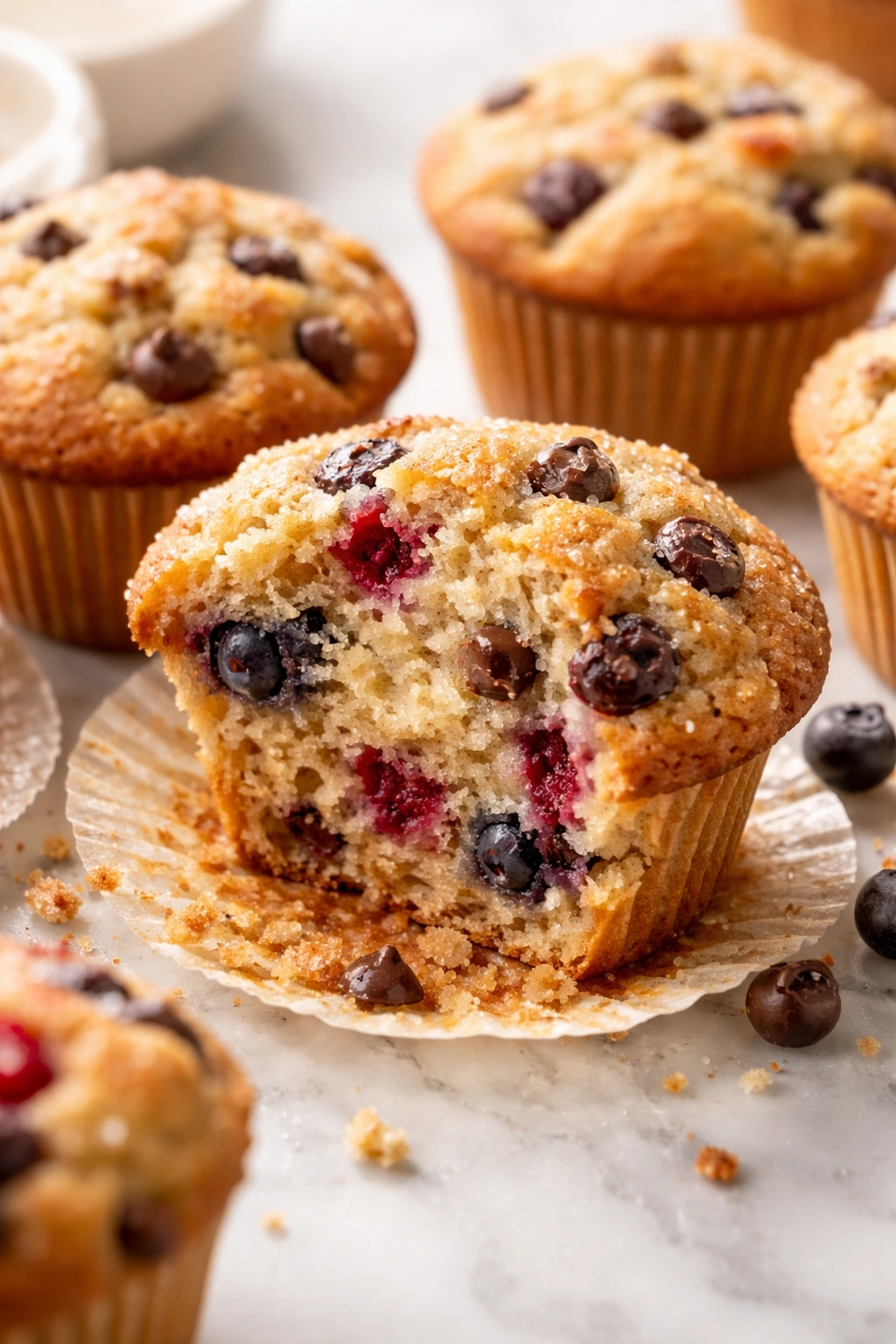 Muffin with berries and chocolate chips in a tender crumb