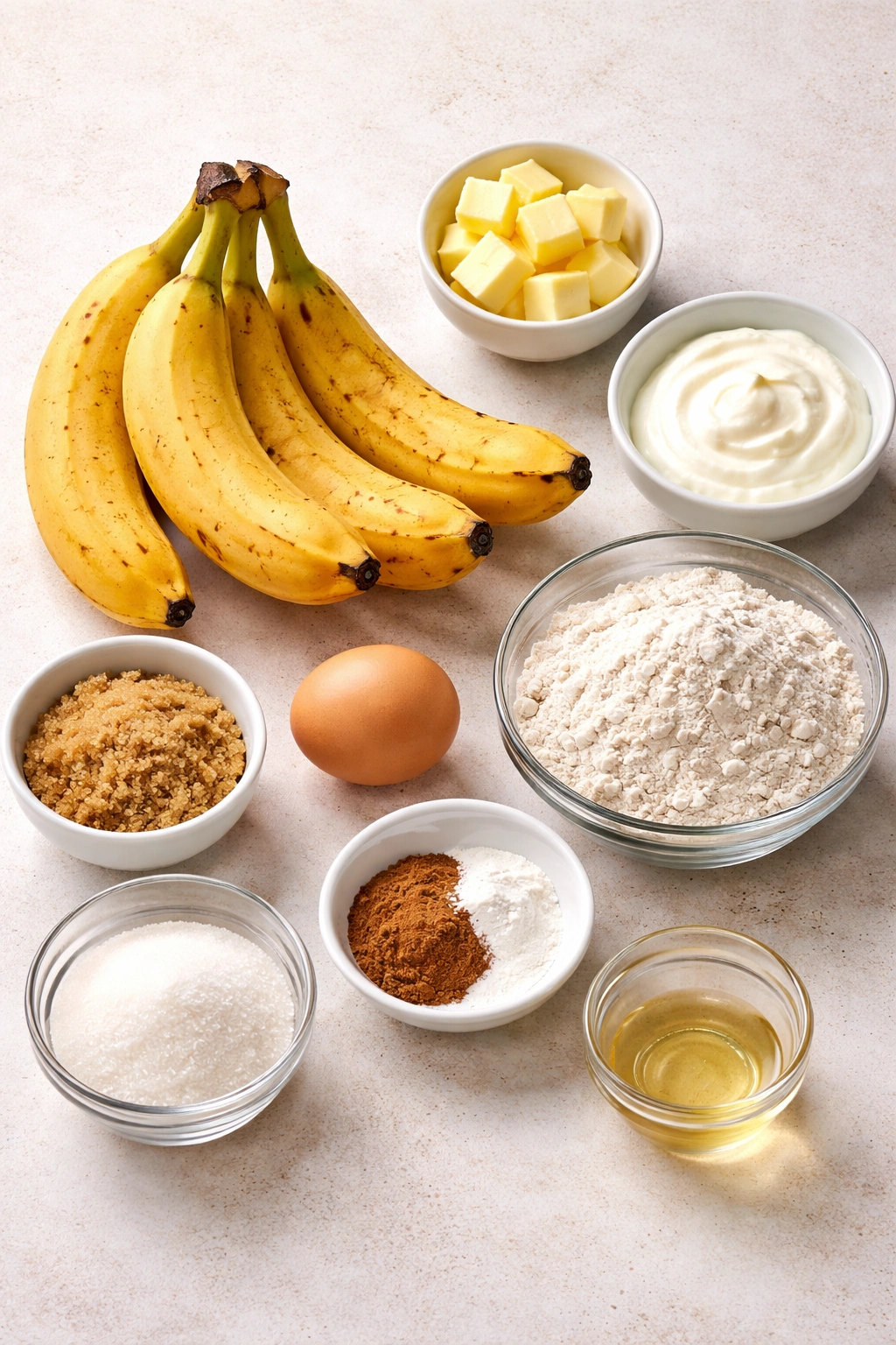 Array of muffin ingredients laid out on a light countertop