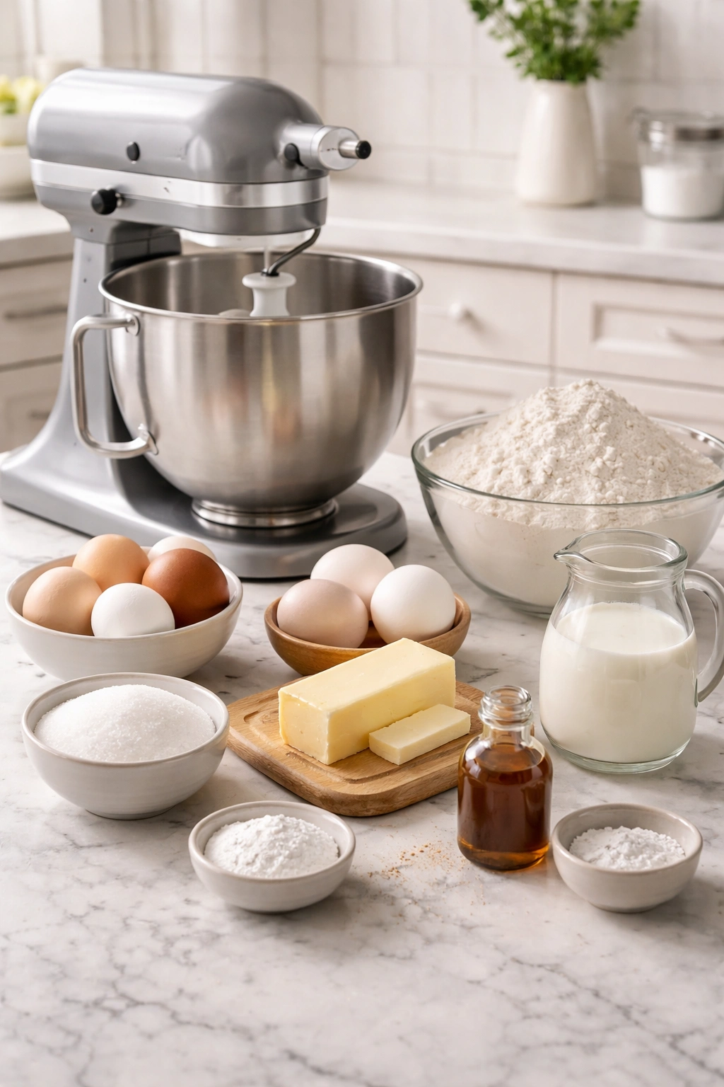 Kitchen counter with stand mixer and essential muffin ingredients