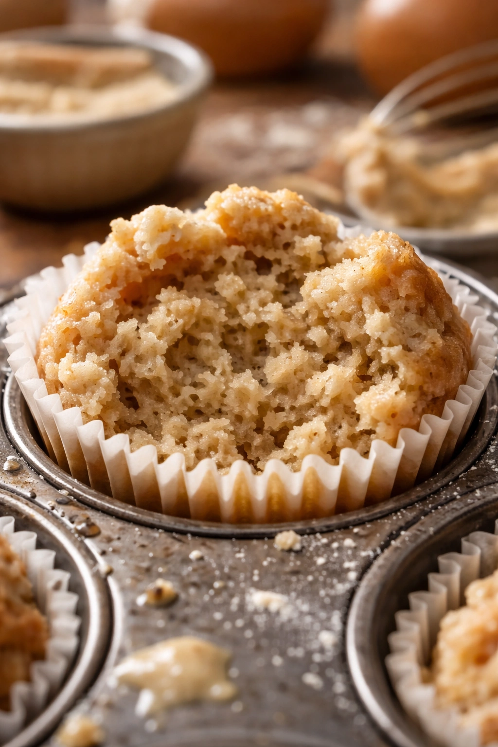 Close-up of rustic muffin crumb in a liner illustrating common baking mistakes