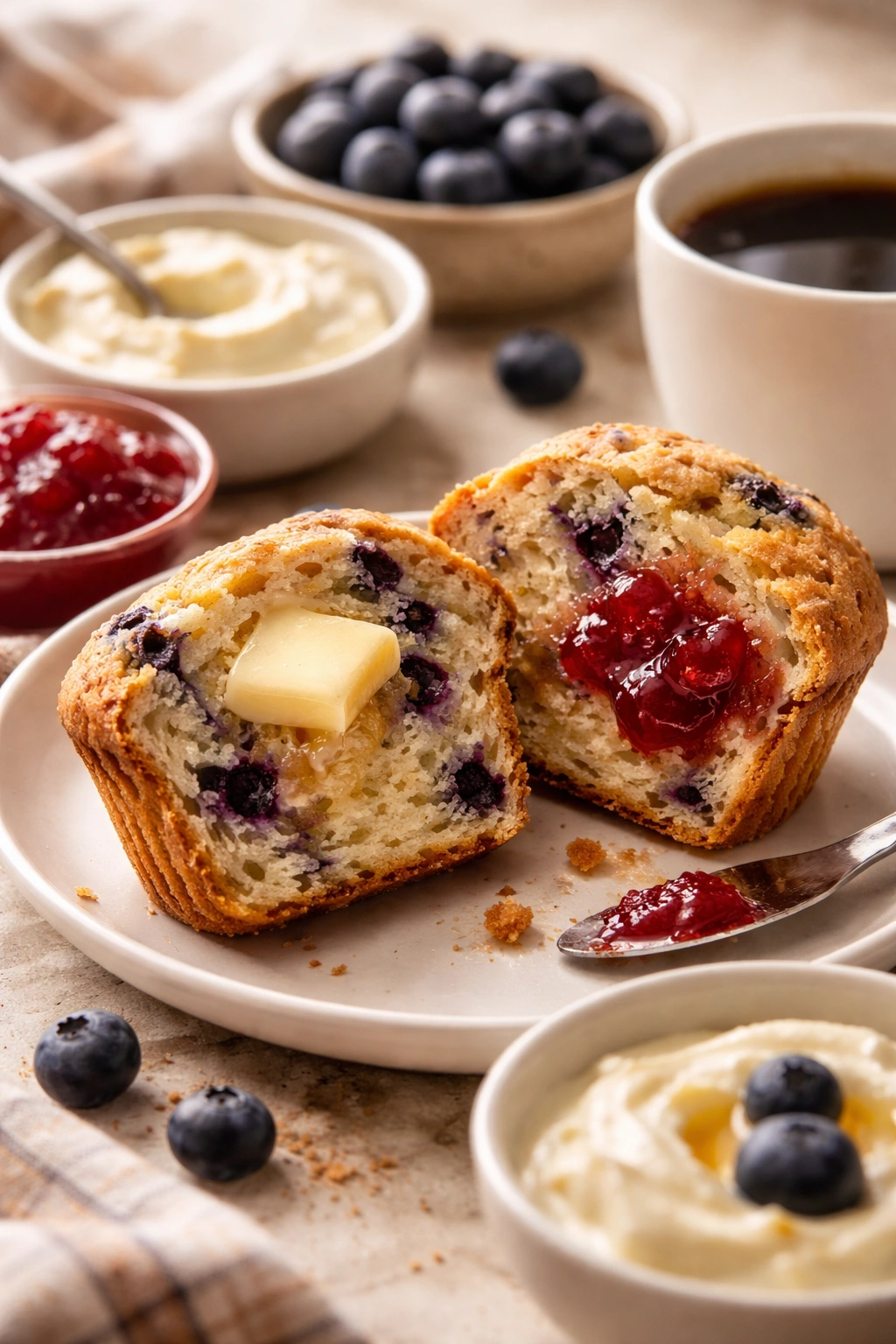 Muffin with melting butter and jam on plate