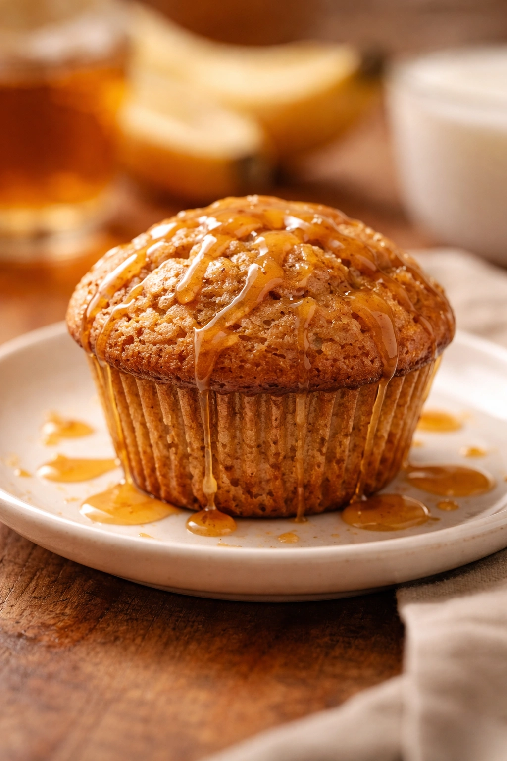 Warm muffin with maple glaze on plate