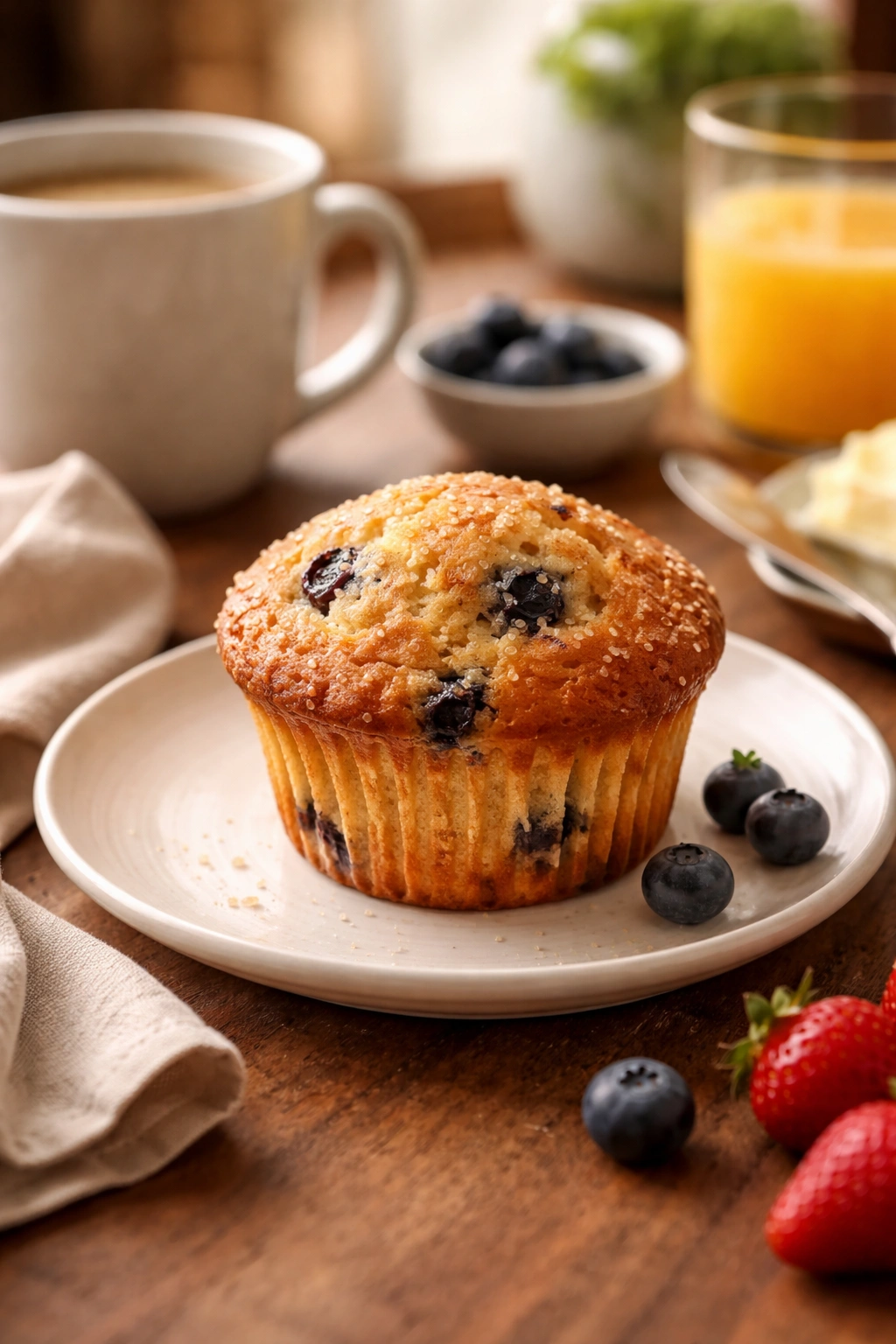 Muffin on plate in warm serving setting