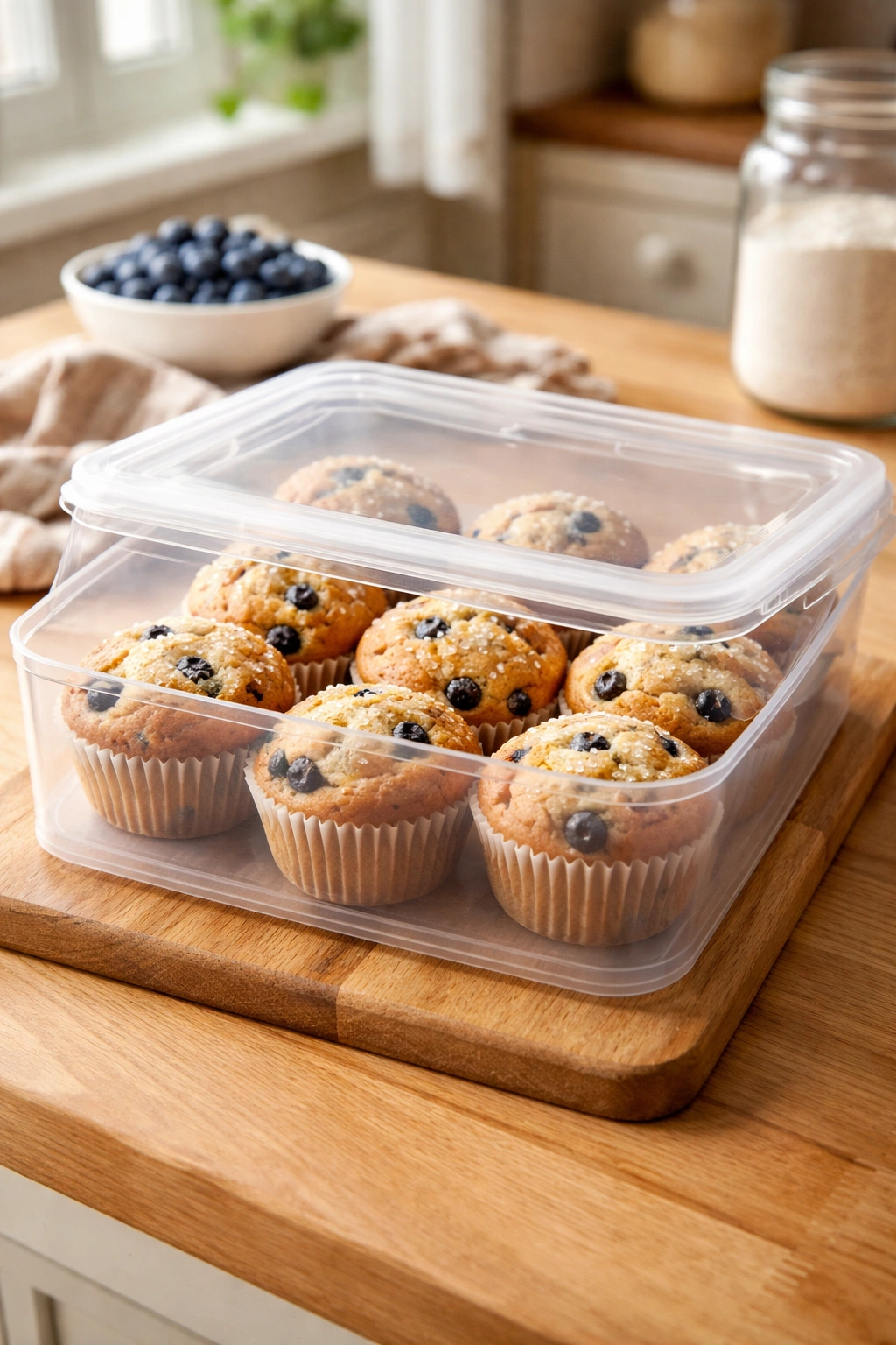 Airtight container with muffins stored to stay moist on a wooden board