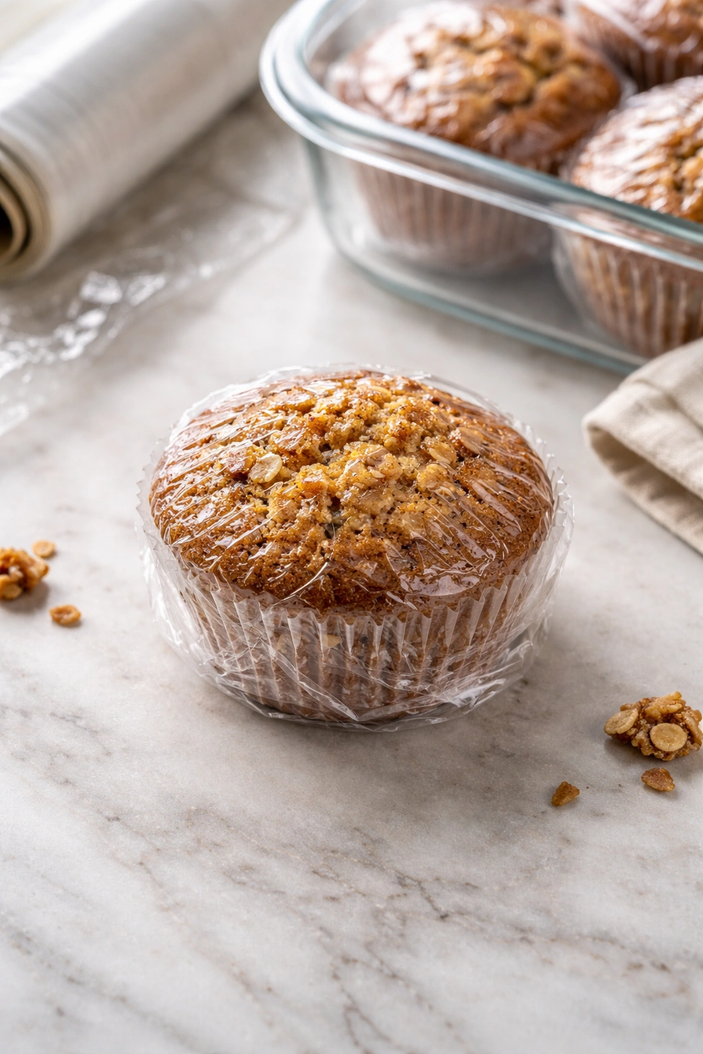 Muffin wrapped in plastic for storage