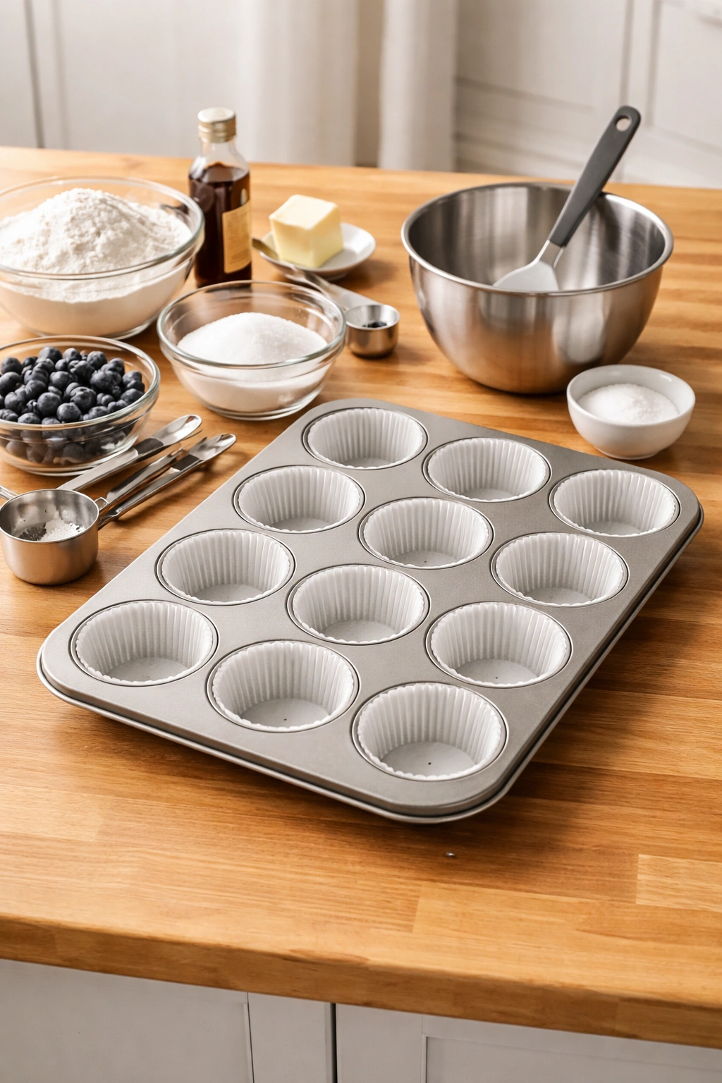 12-cup muffin tin with liners on a clean surface