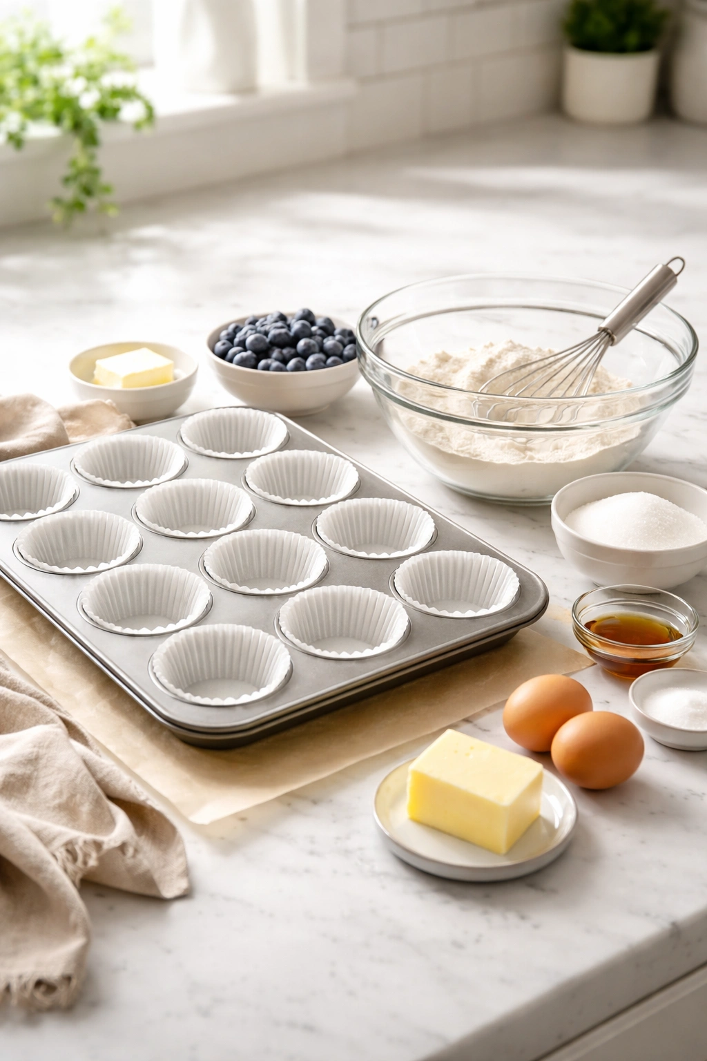 Muffin tin with liners and basic prep tools on counter