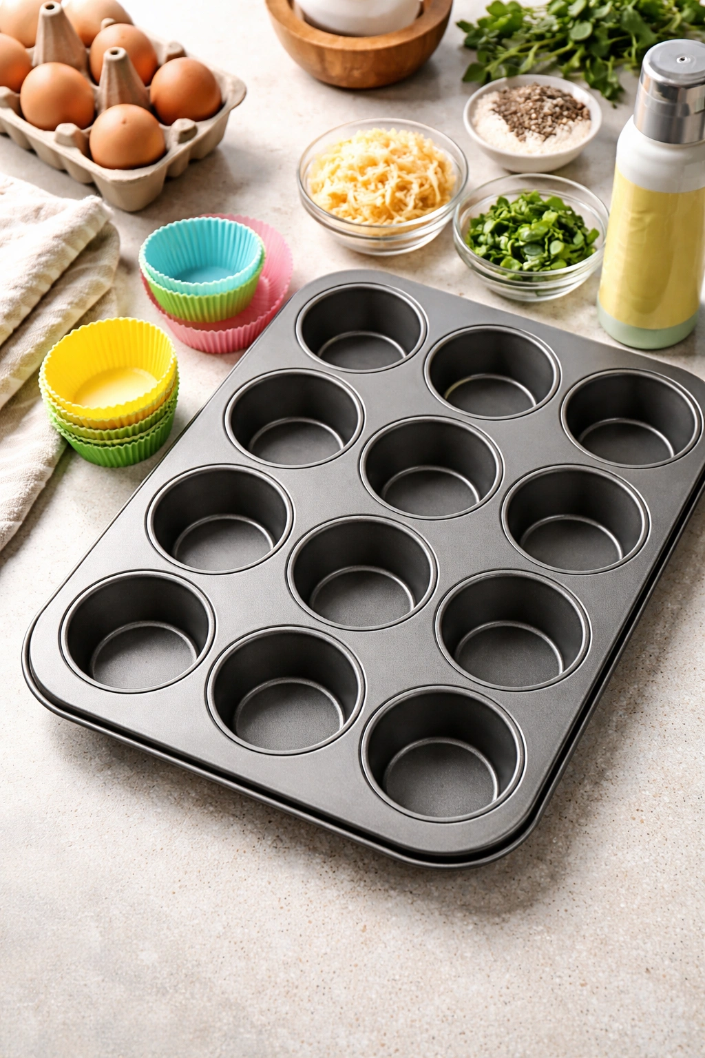 Empty muffin tin with liners on a clean counter indicating prep essentials